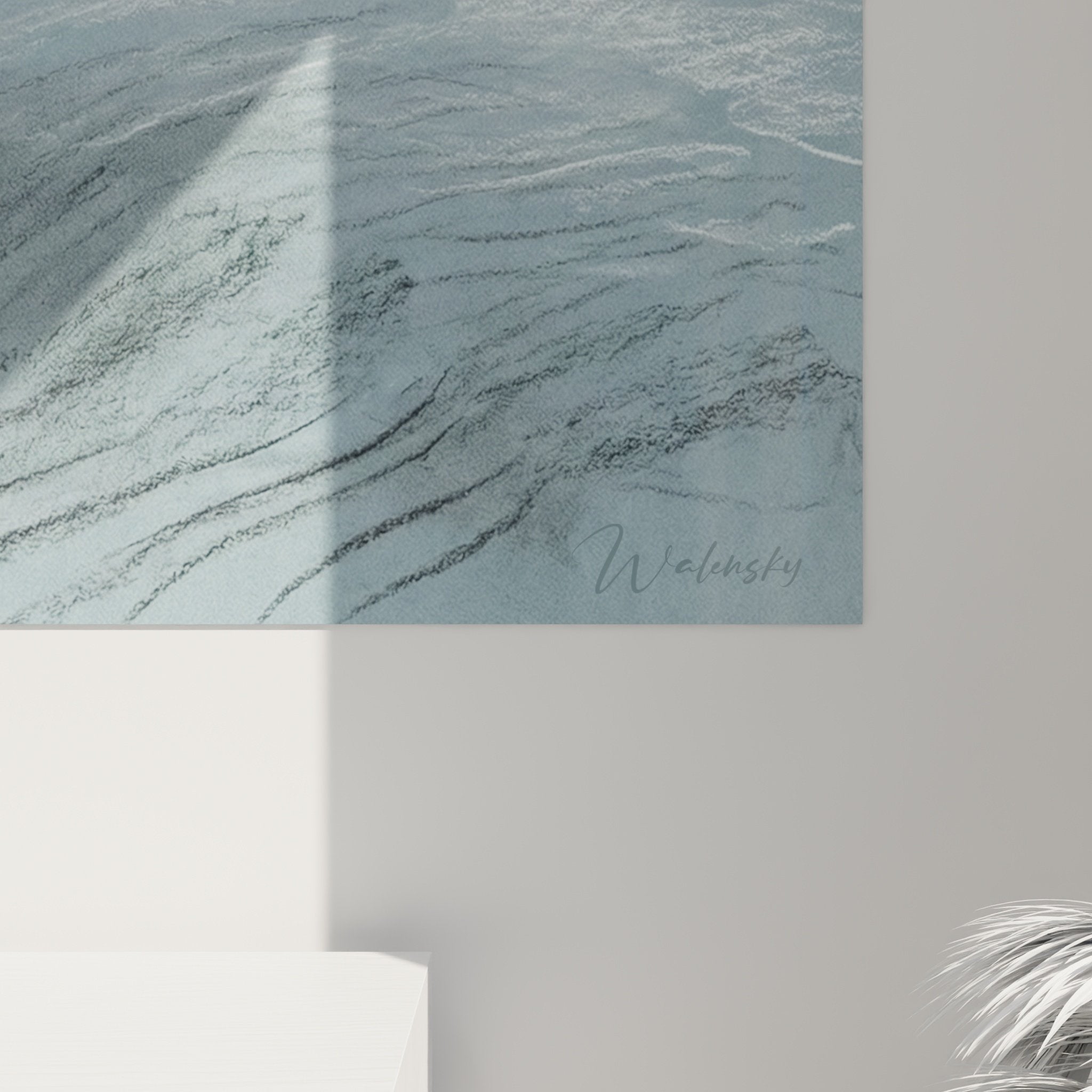 Gesamtansicht Windhund-Kunstdruck arktischer Stil modernes Wohnzimmer Wanddekoration kühle Blautöne nordischer Stil minimalistisch