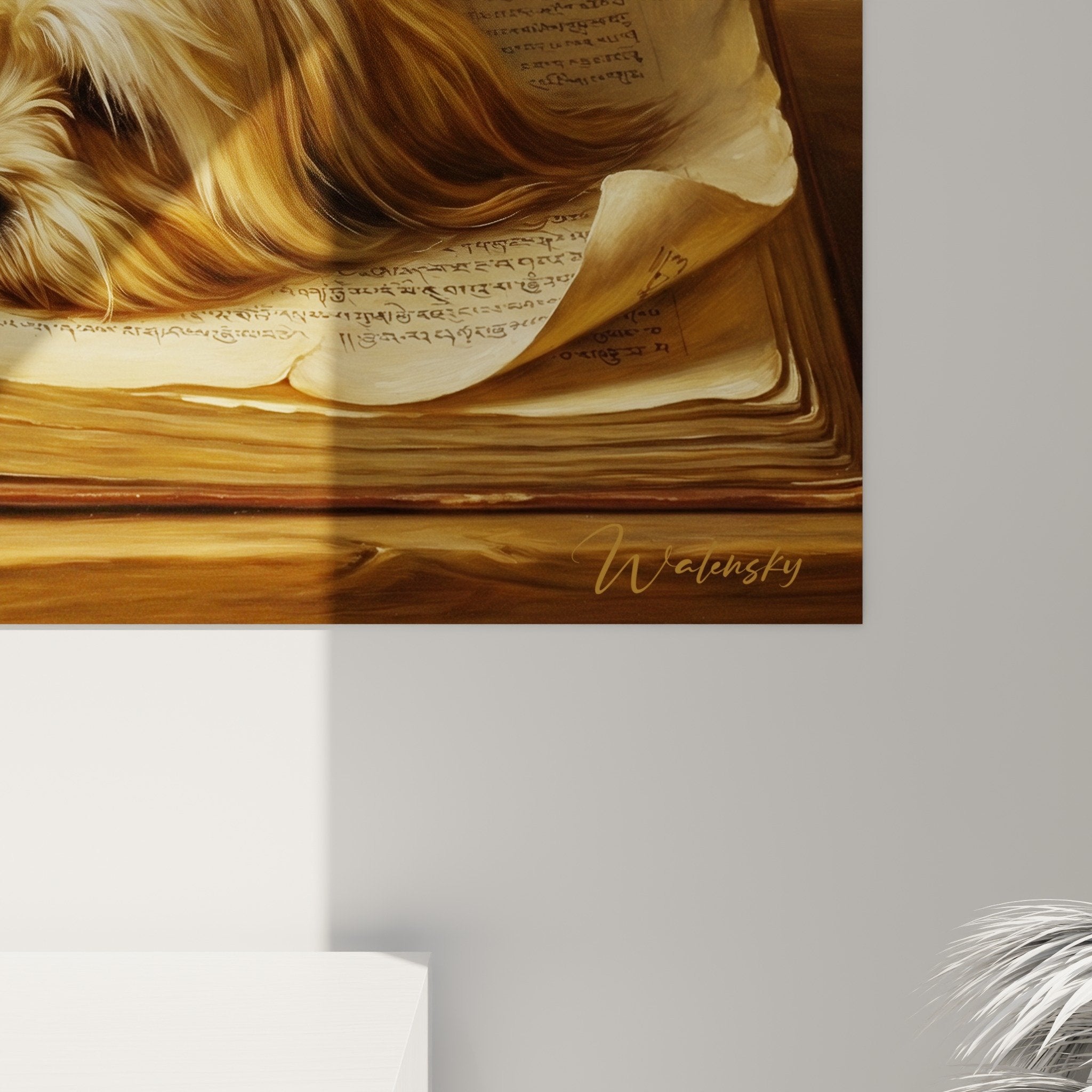 Vue d'ensemble tableau Lhassa Apso littéraire, composition artistique chien livre ambiance studieuse