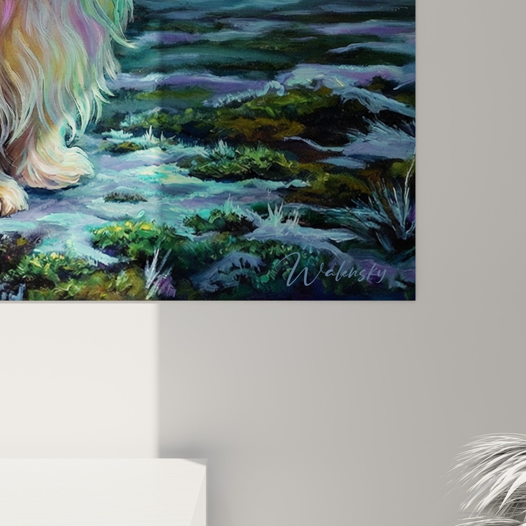 Vue d'ensemble tableau Lhassa Apso mystique sous ciel polaire, art mural décoratif irisé