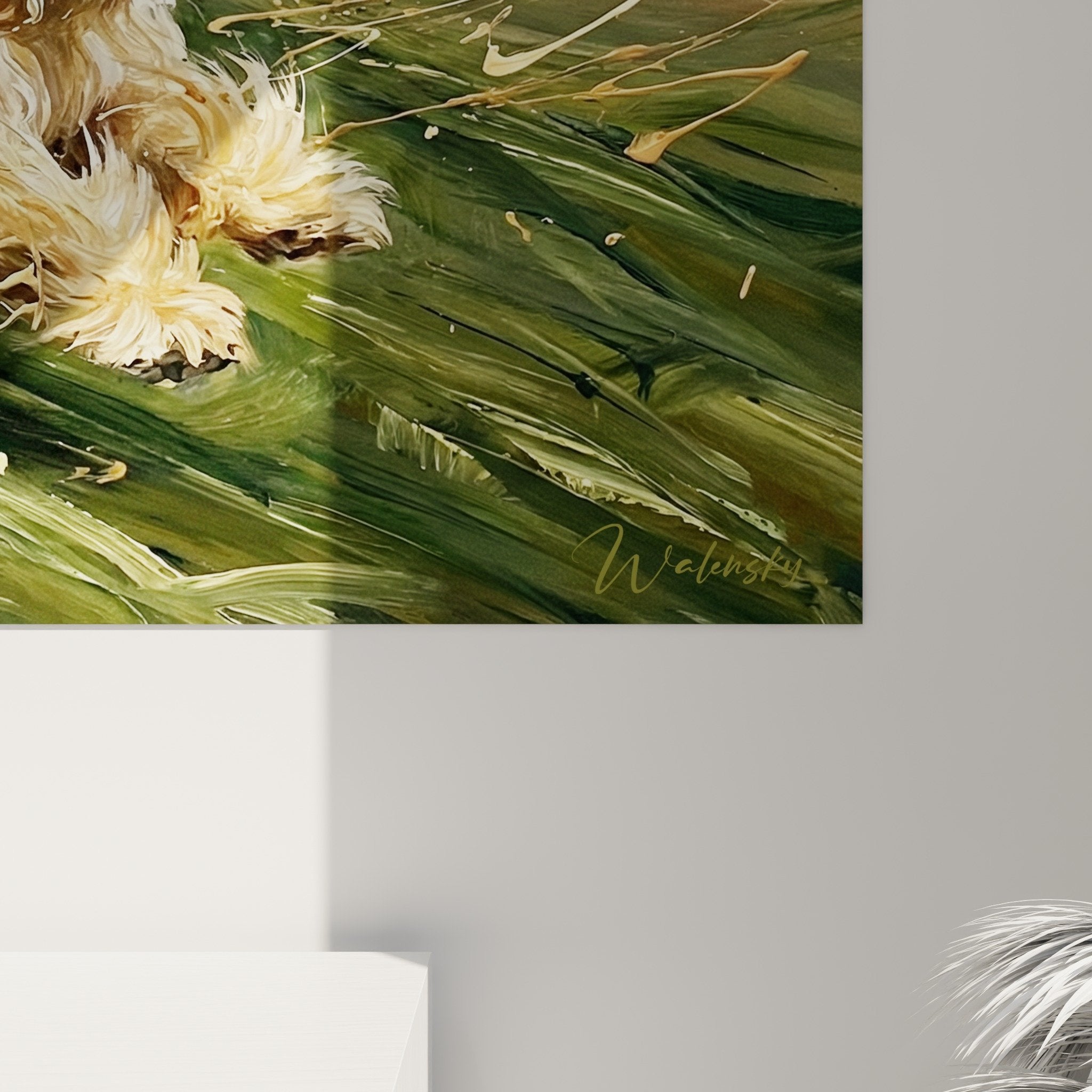 Vue d'ensemble tableau Lhassa Apso tempête artistique dans salon moderne