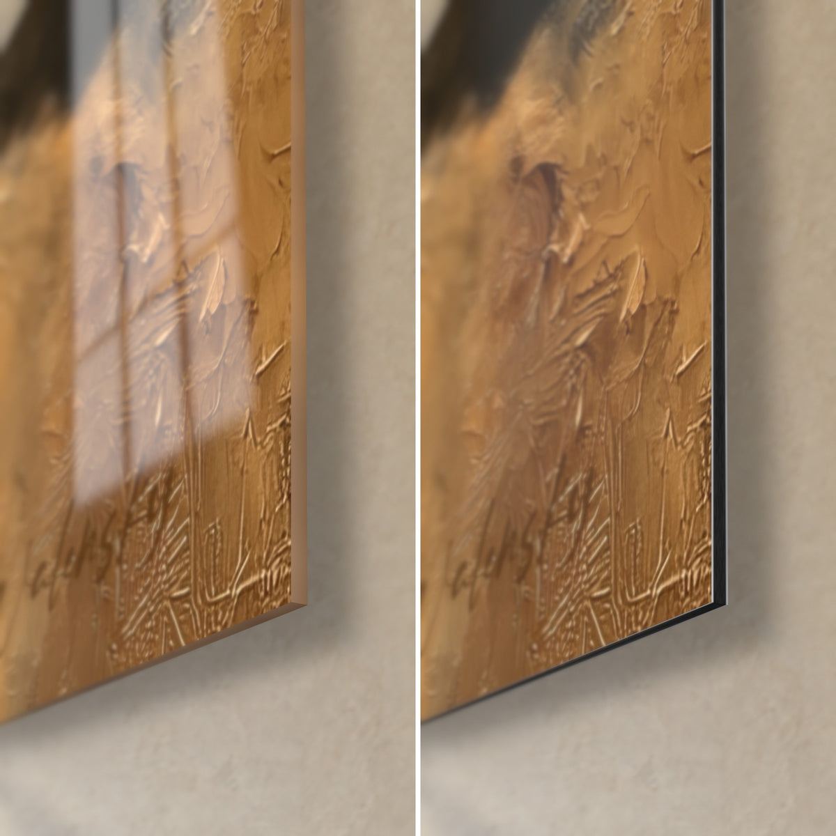 Schilderij leeuw in okerkleurige en zwarte olieverf, rechtsonder: glanzend acrylglas links, mat Dibond rechts, 3 mm rand
