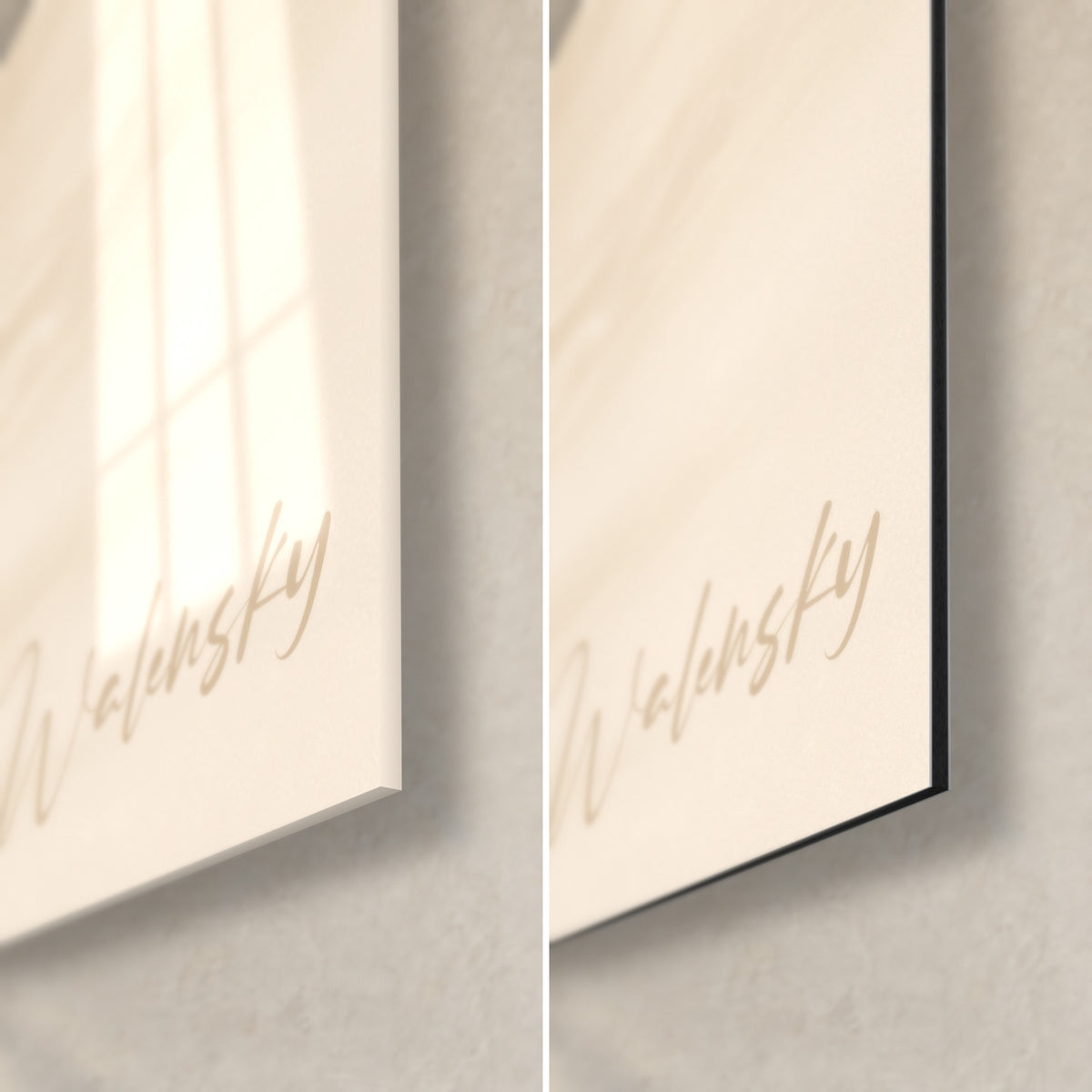 Wall art of a giant husky in polar light, bottom right corner: glossy ivory acrylic glass on the left, matte Dibond on the right, 3 mm black edge