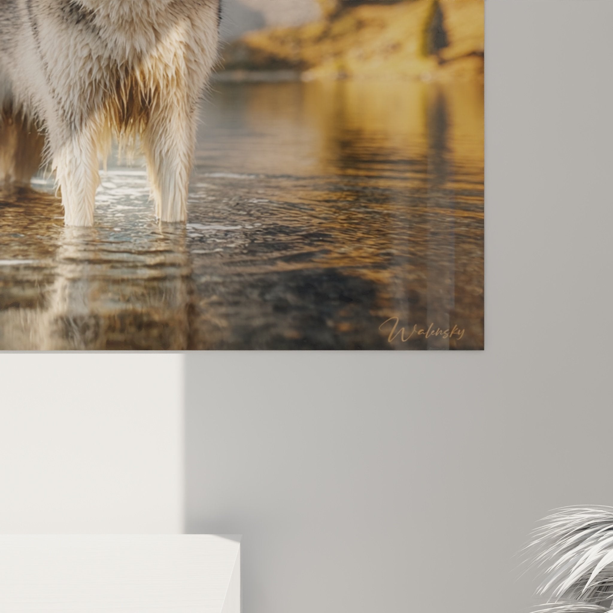 Vue d'ensemble tableau Malamute nordique dans paysage aquatique dore, composition equilibree et sereine