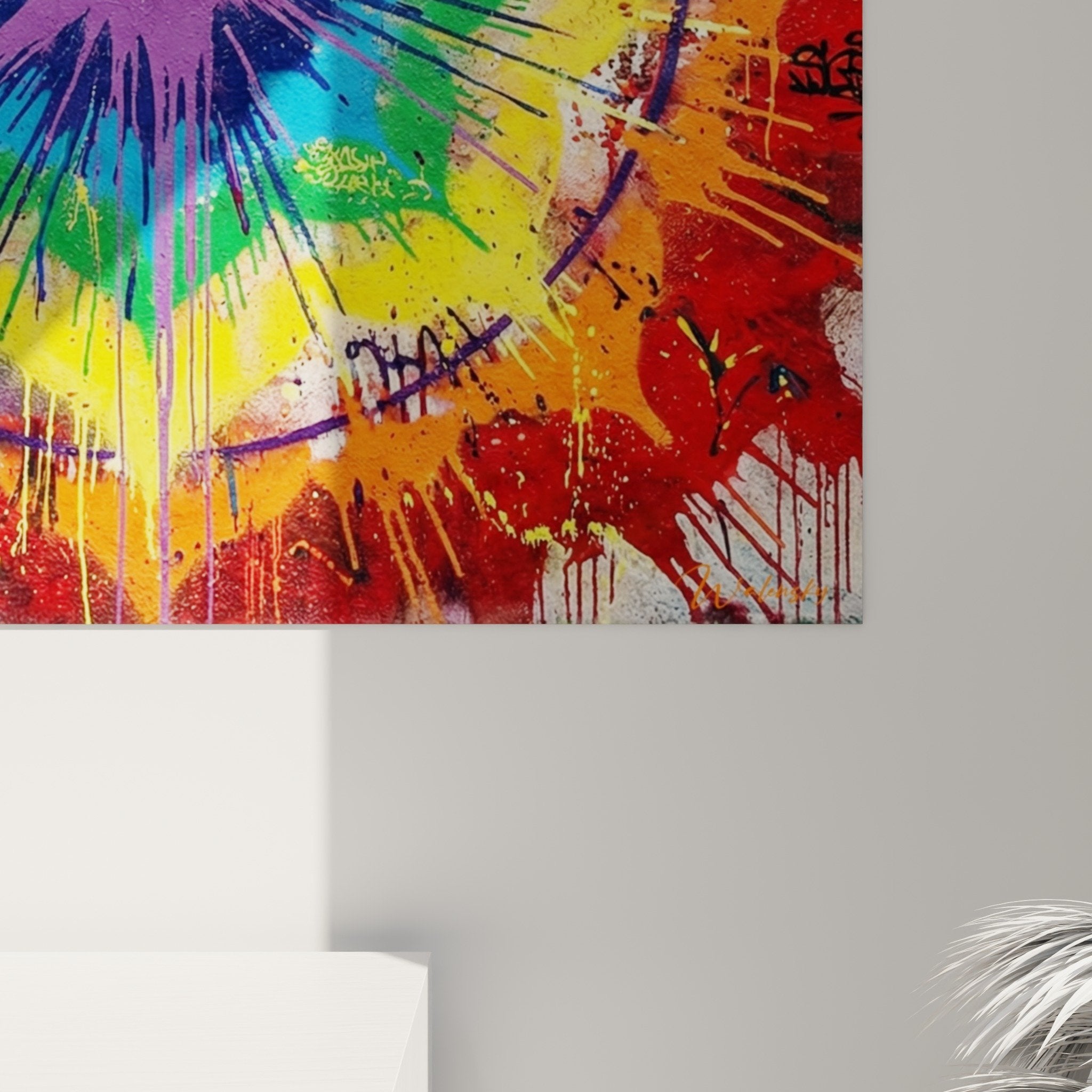 Vue ensemble tableau mandala explosion chromatique déco murale artistique contemporaine