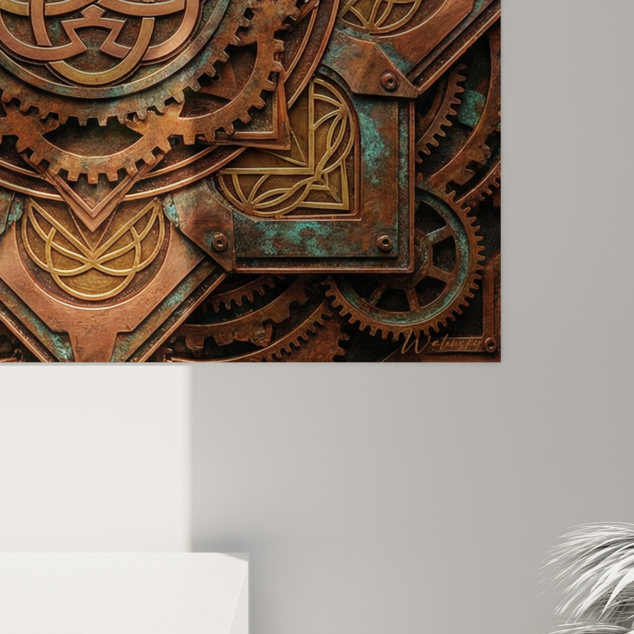 Vue d'ensemble mandala industriel bronze cuivre avec structure géométrique et rouages circulaires