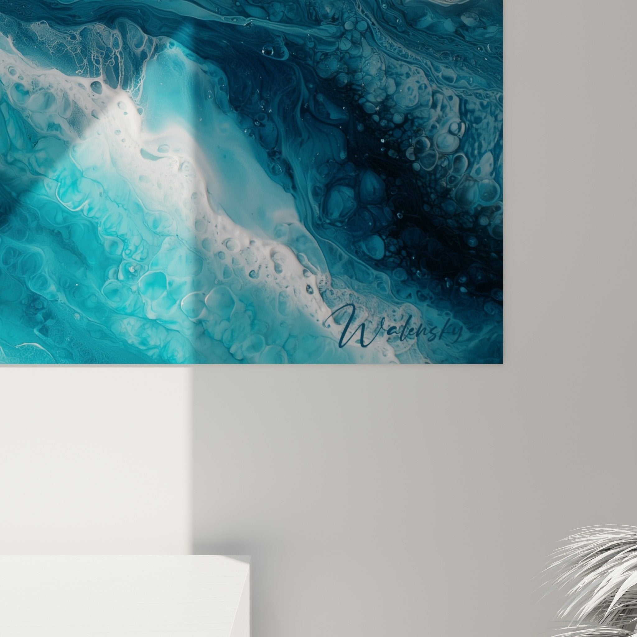 Vue d'ensemble tableau marbre géologique bleu turquoise veines dorées art mural contemporain