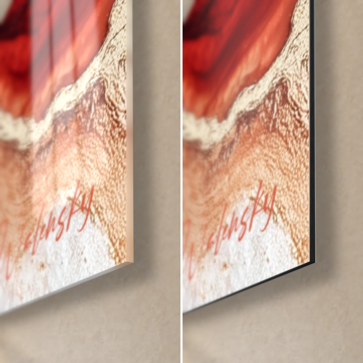 Schilderij agaat in rood bordeaux en parelmoerwit, rechtsonder hoek: glanzend glas links, mat Dibond rechts, 3 mm rand