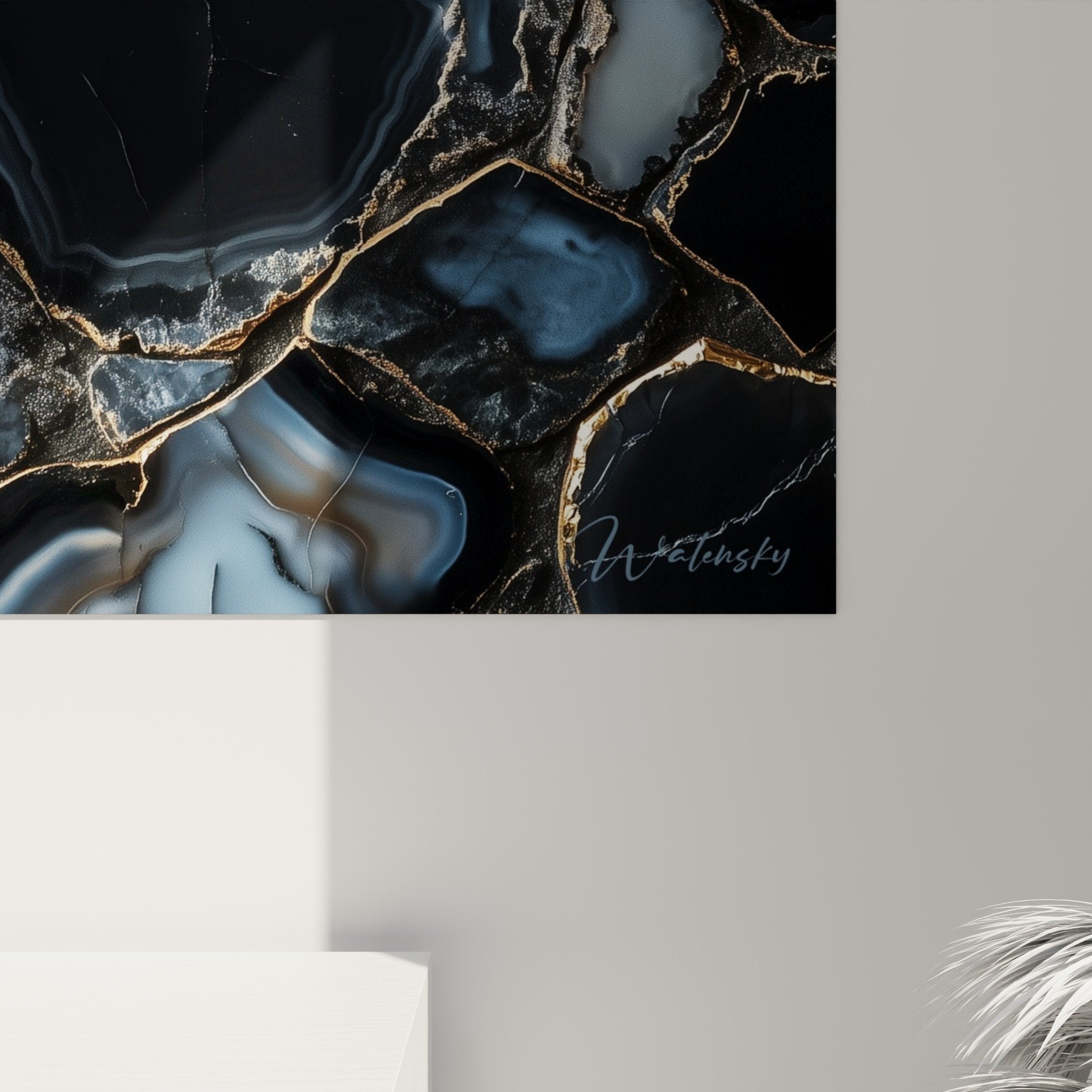 Overall view abstract marble mosaic painting blue gold composition geological modern wall art