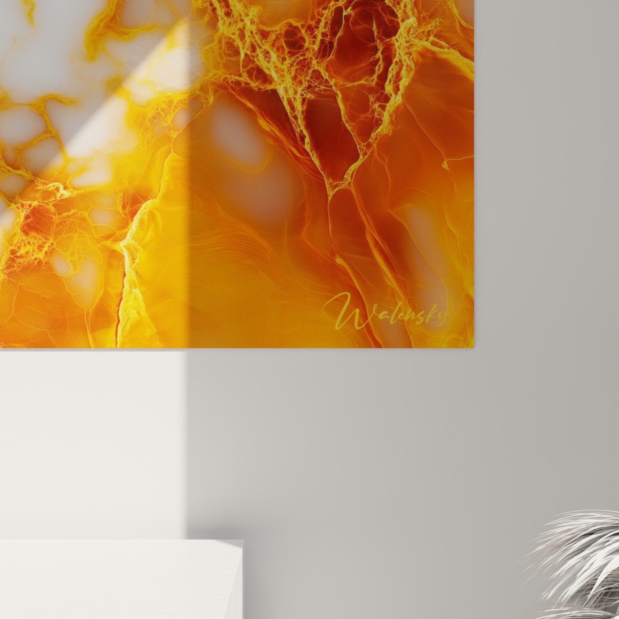 Overview of abstract marble painting orange and white, modern interior decoration integration