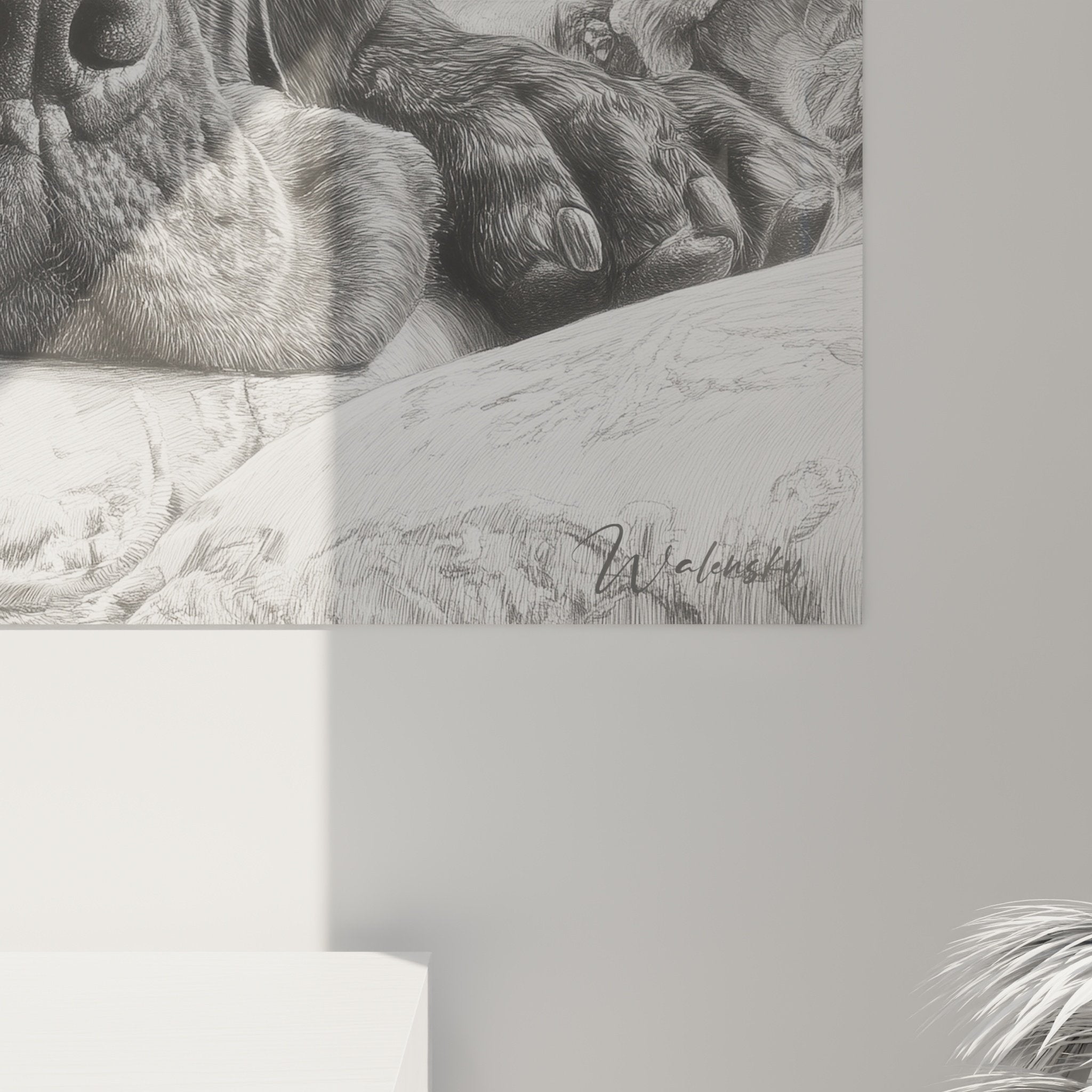 Vue d'ensemble tableau Mastiff Anglais, composition artistique complète, chien endormi sur tissus fleuris vintage