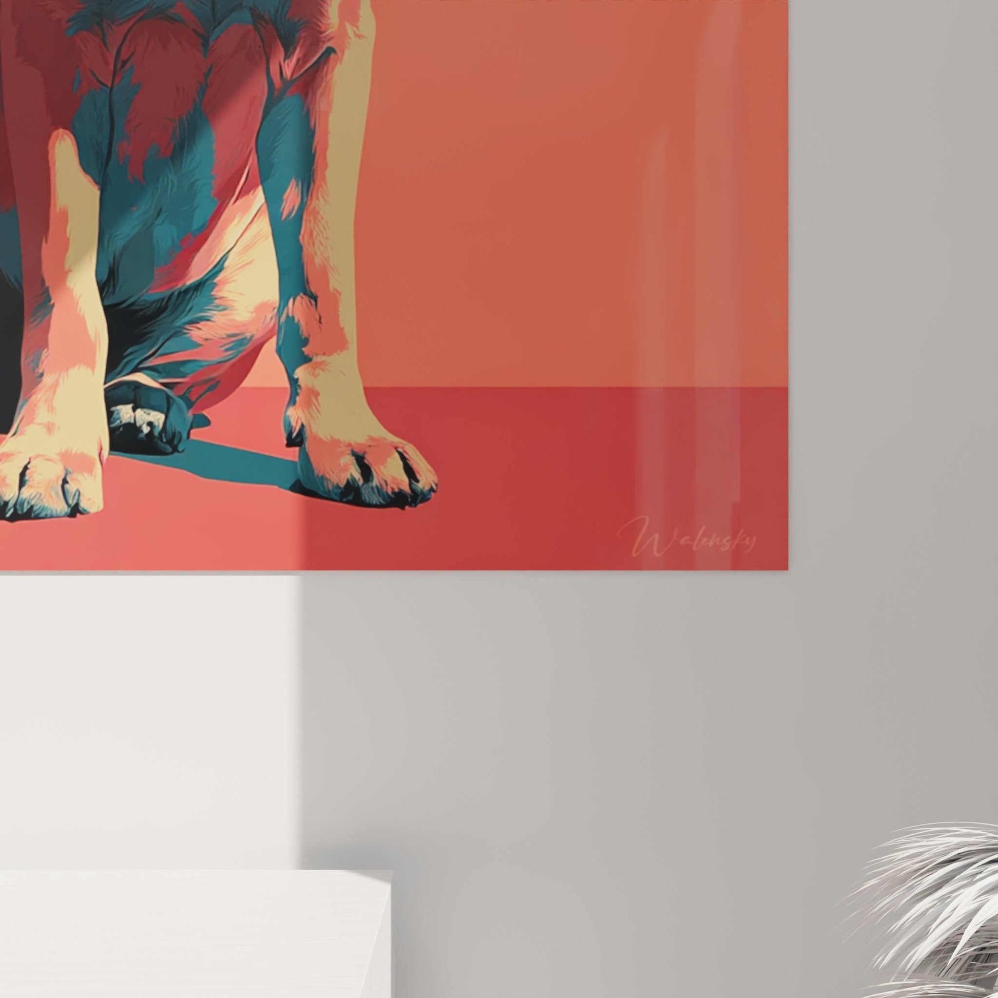Gesamtansicht rotes Englische Bulldogge Wandbild in modernem Interieur, zeitgenössische Wanddekoration