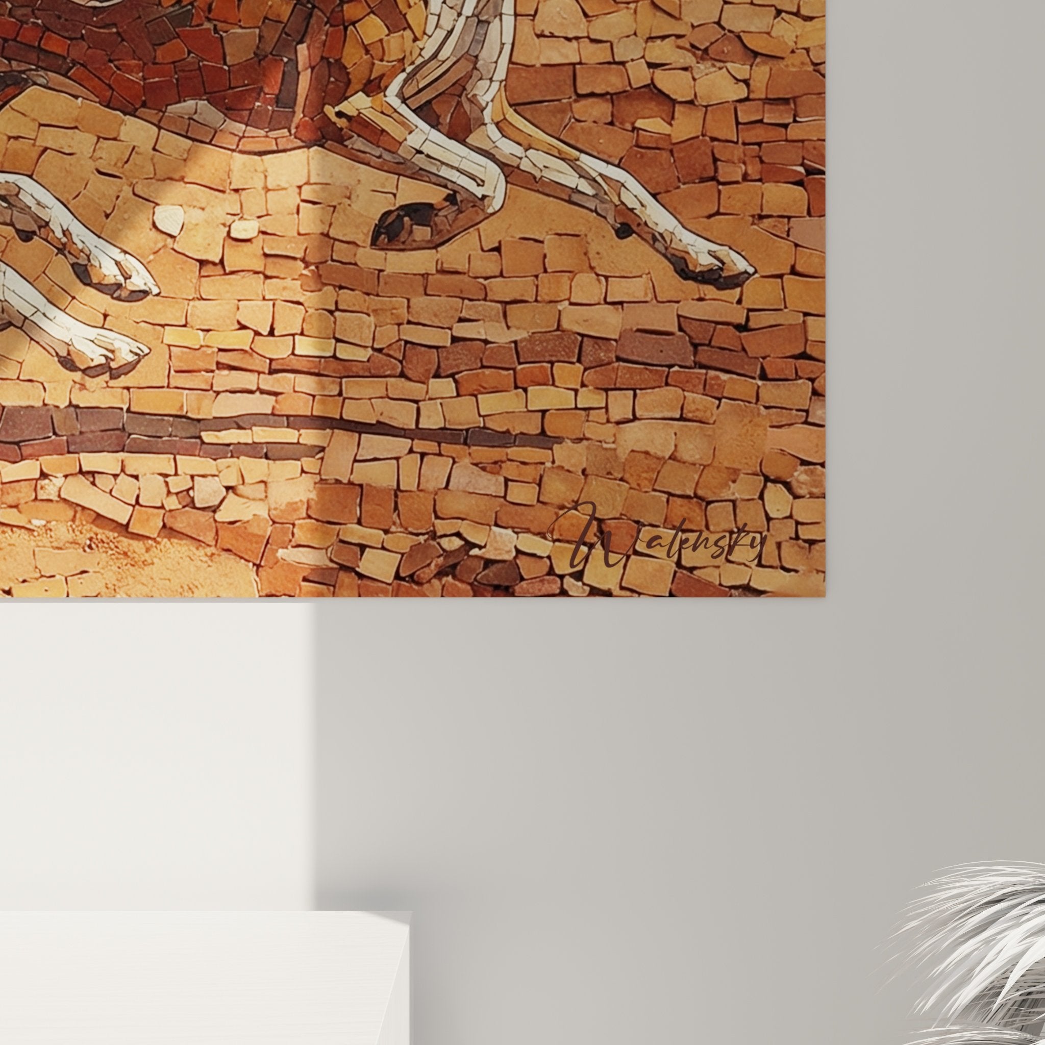 Vue ensemble tableau mosaïque chiens Basenji, composition dynamique tons terre cuite, art mural décoratif