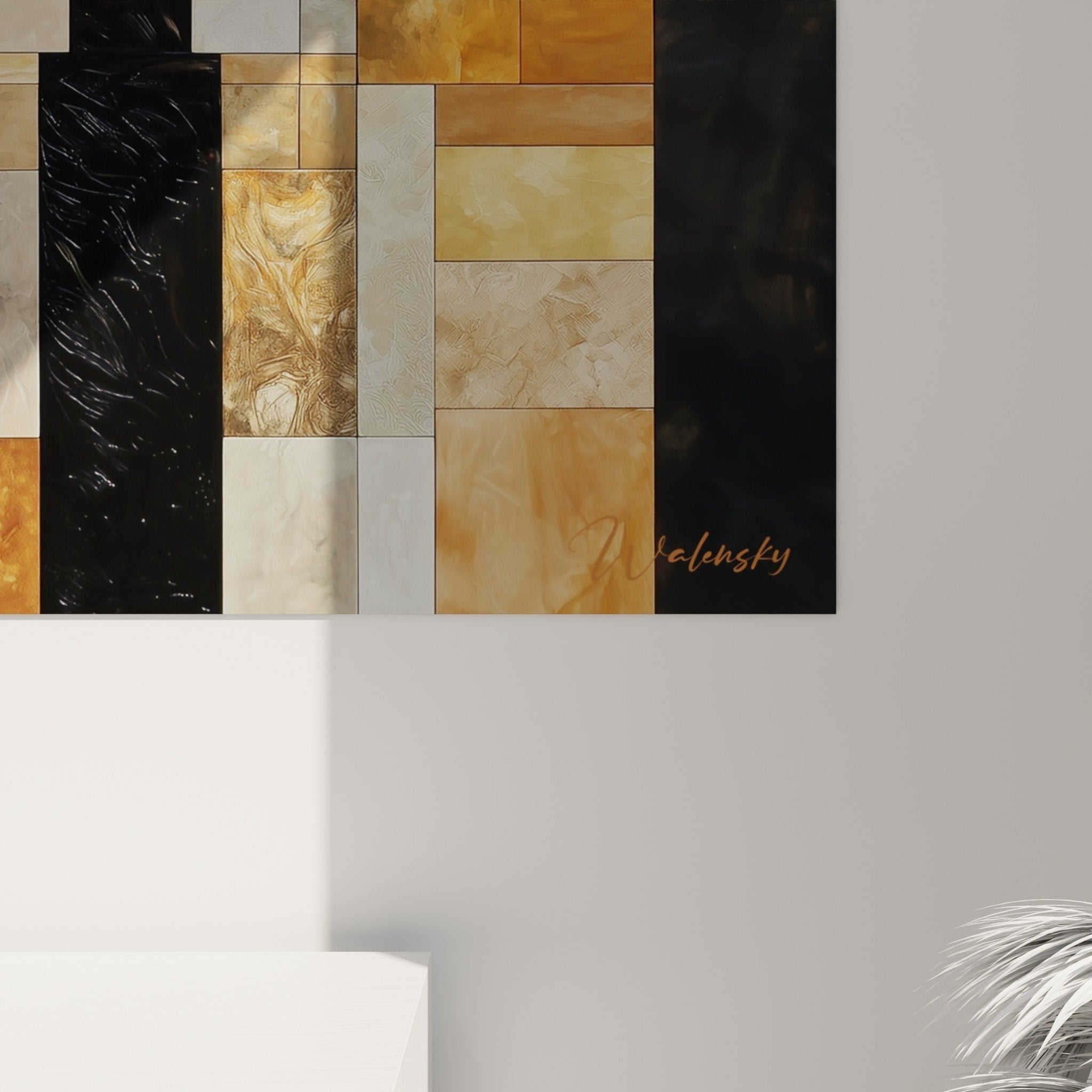 Gesamtansicht Mosaikbild in Erdtönen mit schwarzem Akzent vertikal Wanddekoration Feng-Shui Mittelpunkt