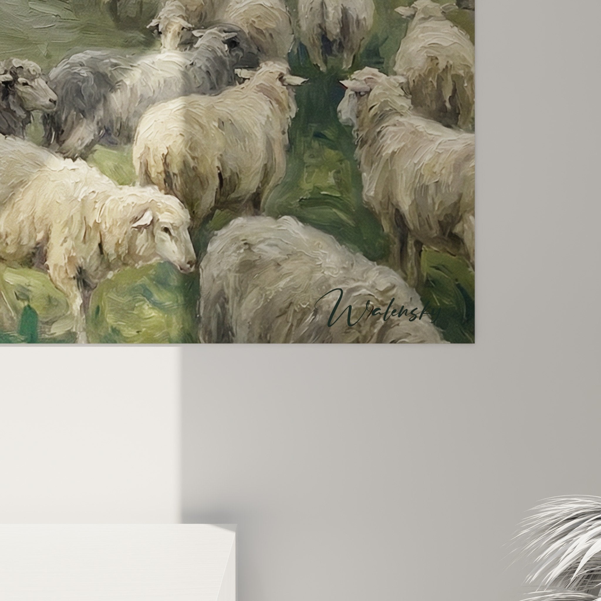 Vue ensemble tableau pastoral Mudi et troupeau dans décor salon campagnard - Harmonie couleurs naturelles