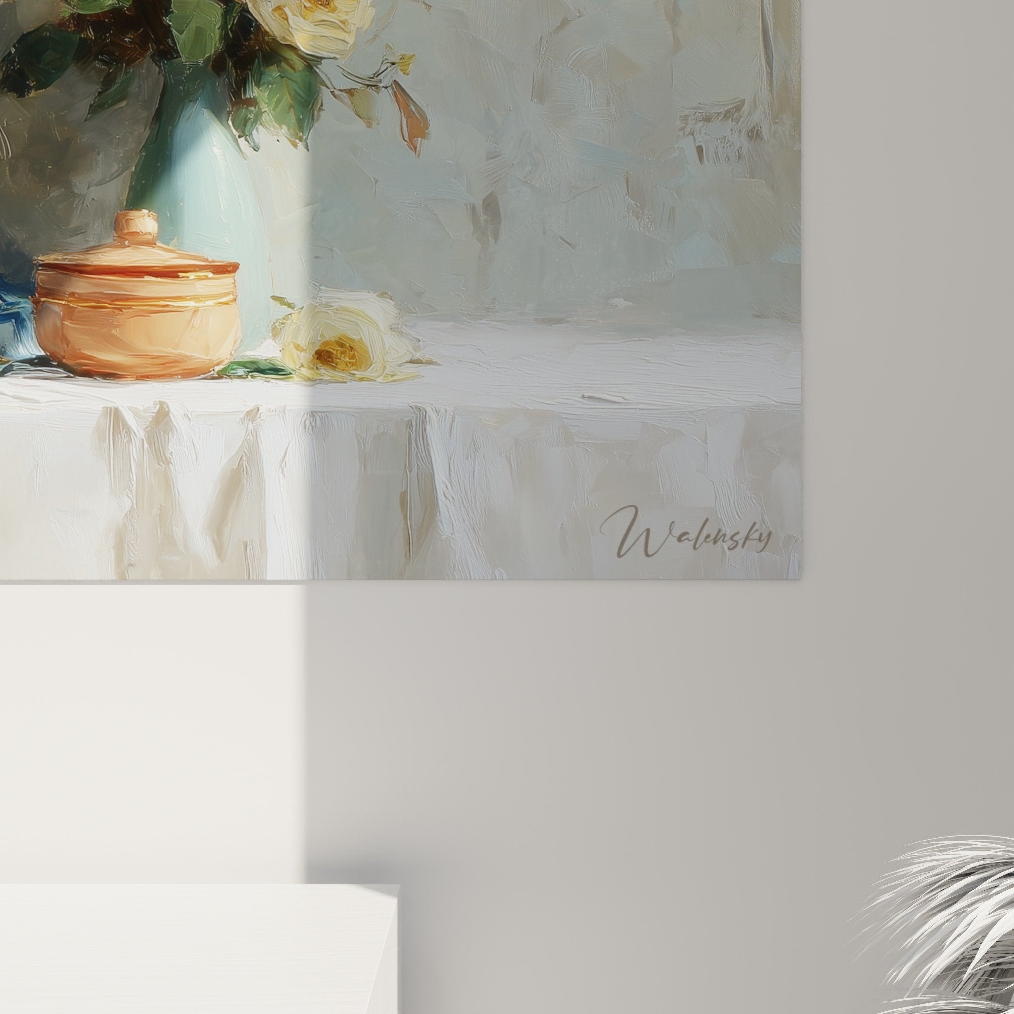 Vue d'ensemble nature morte théière porcelaine roses composition artistique murale