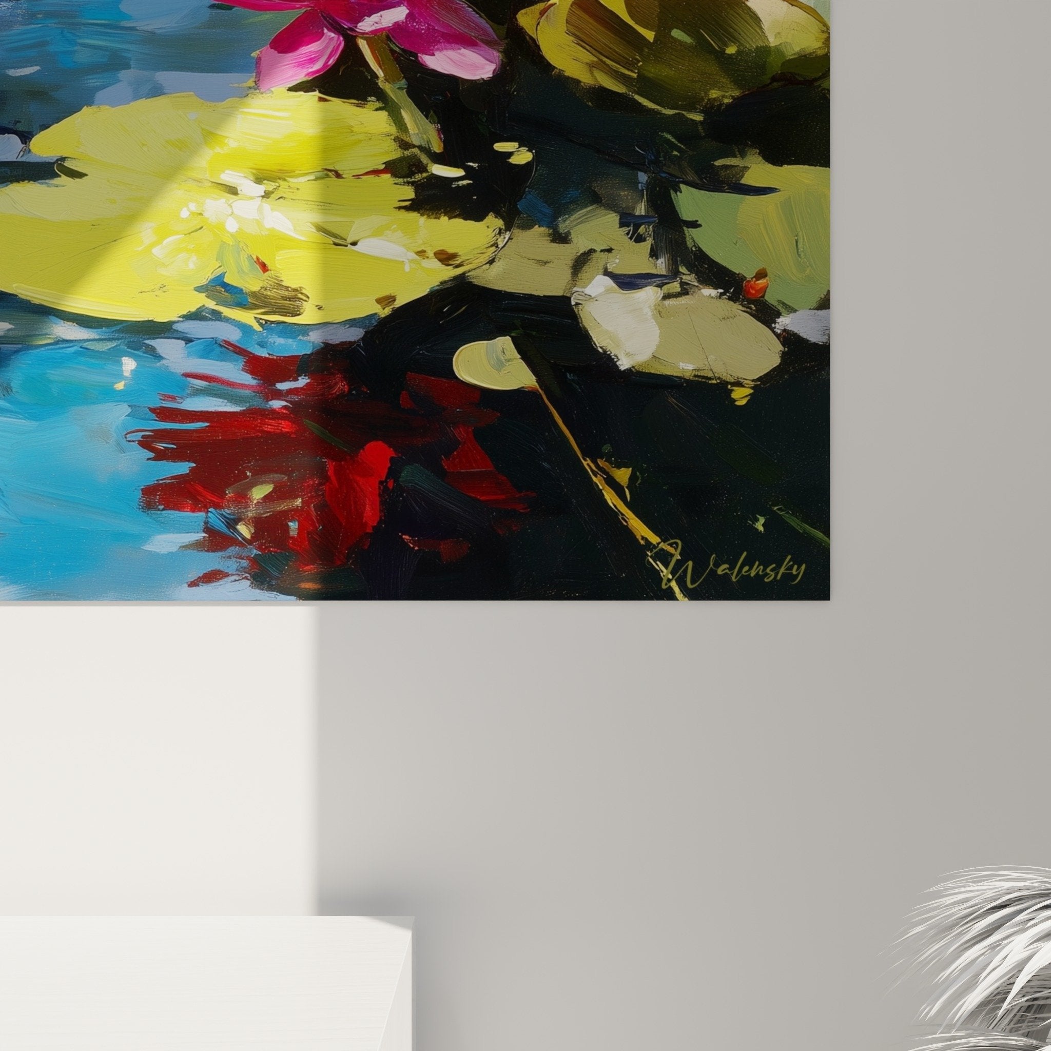 Vue ensemble tableau nénuphar bassin aquatique reflets colorés composition impressionniste moderne