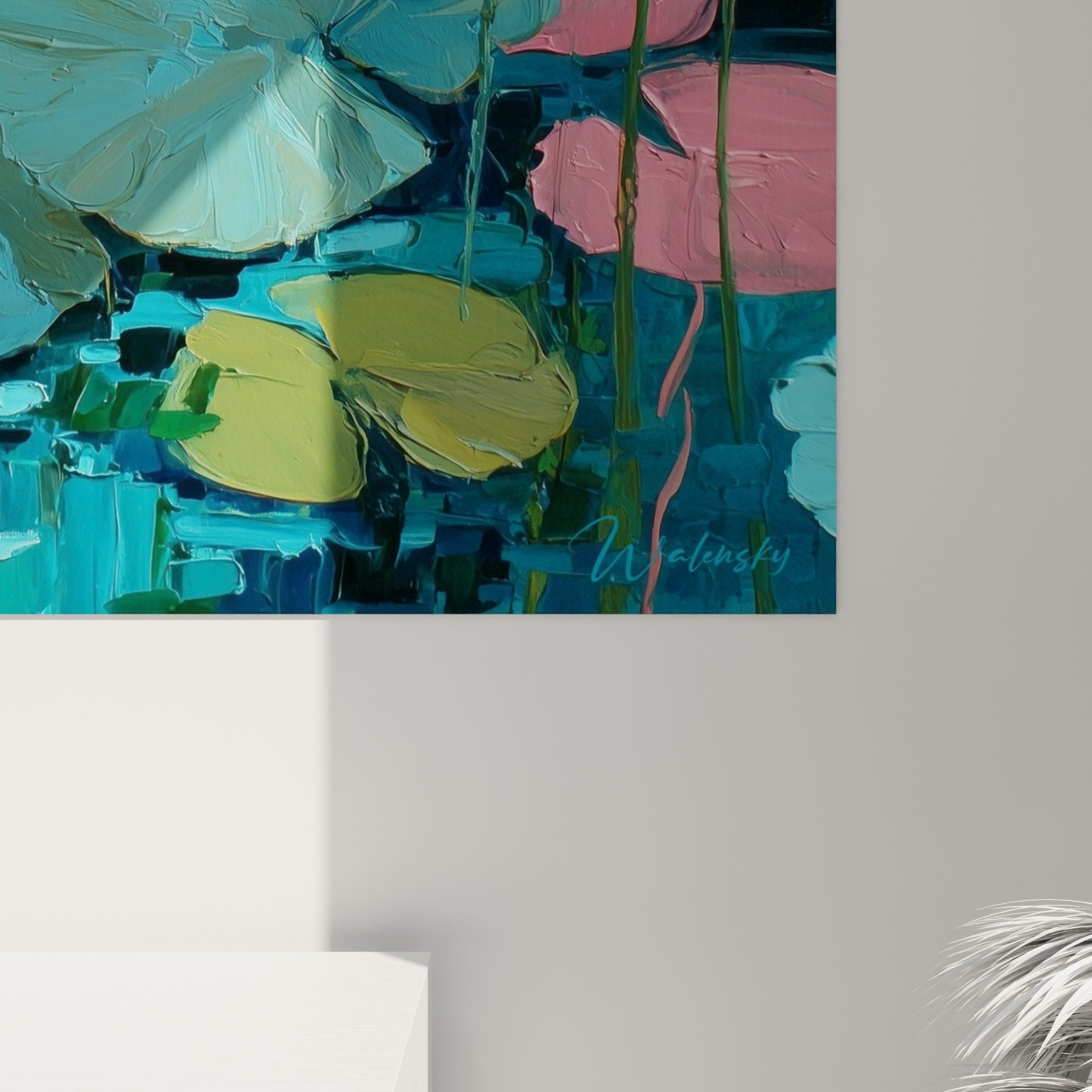 Water lilies canvas overview - turquoise and white floral composition