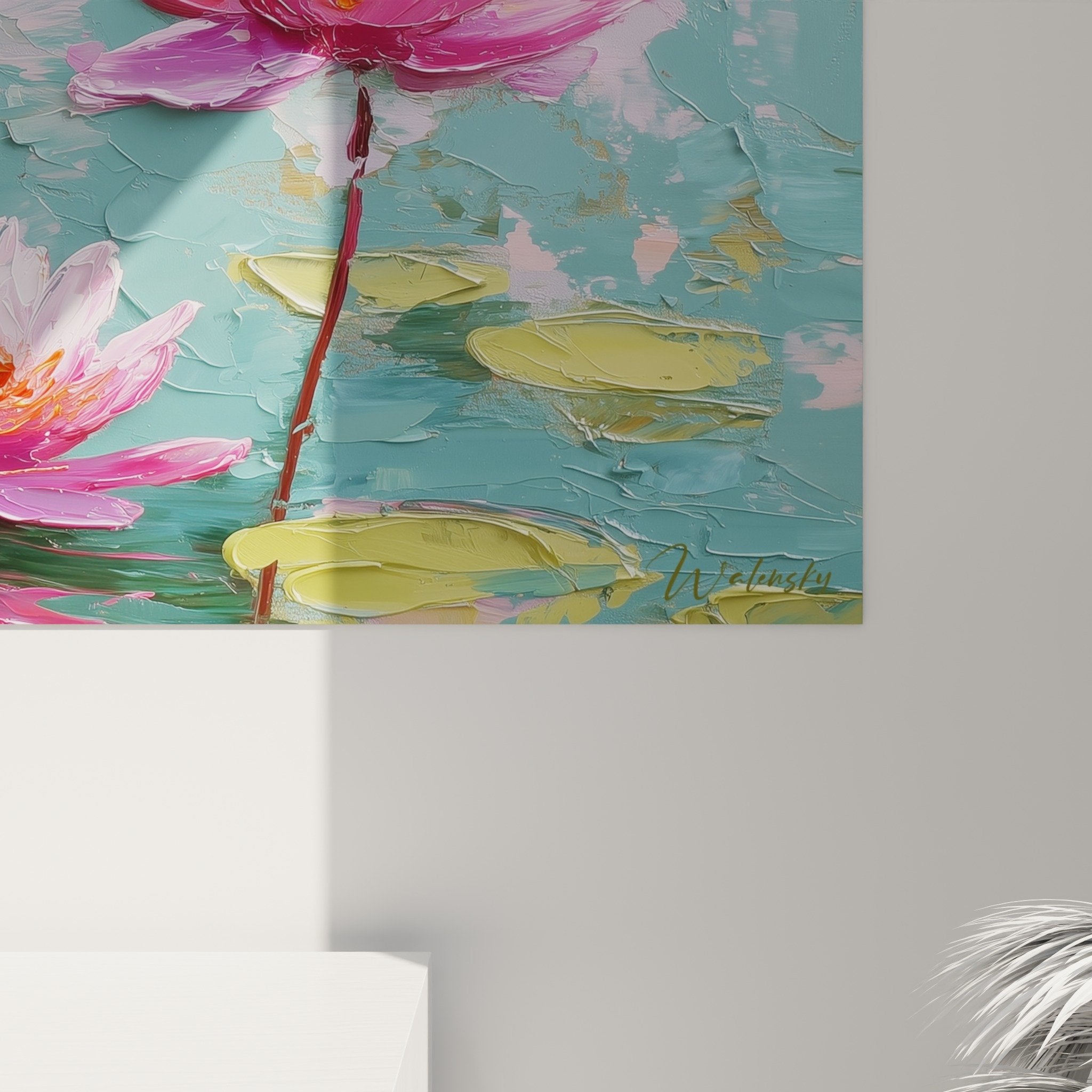 Gesamtansicht Gemälde Seerosen aquatische Rosa Türkis Dekoration Feng Shui Südwestausrichtung Erde