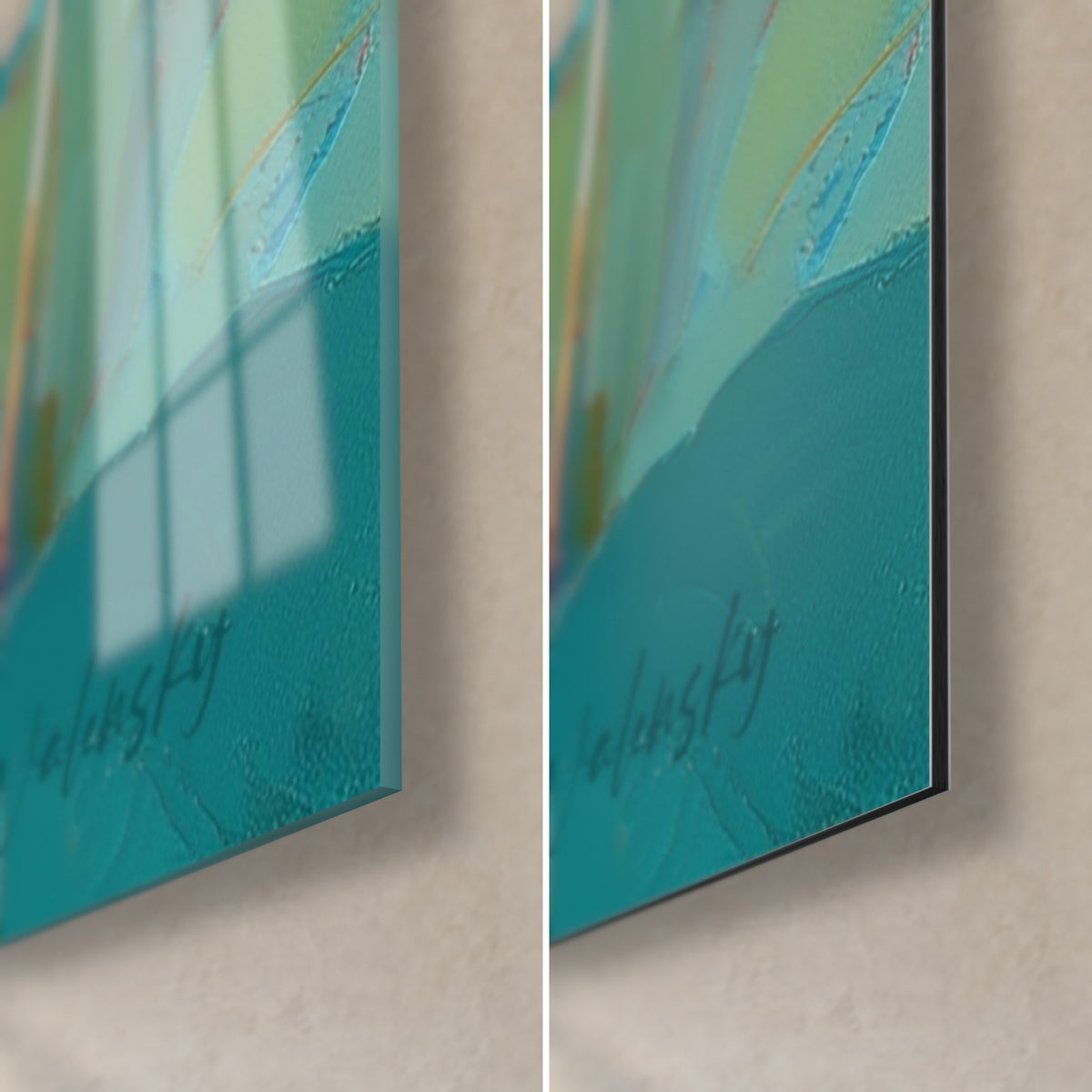 Cuadro loto, enea y agua turquesa, esquina inferior derecha: cristal brillante con reflejos, aluminio Dibond mate, grosor 3 mm