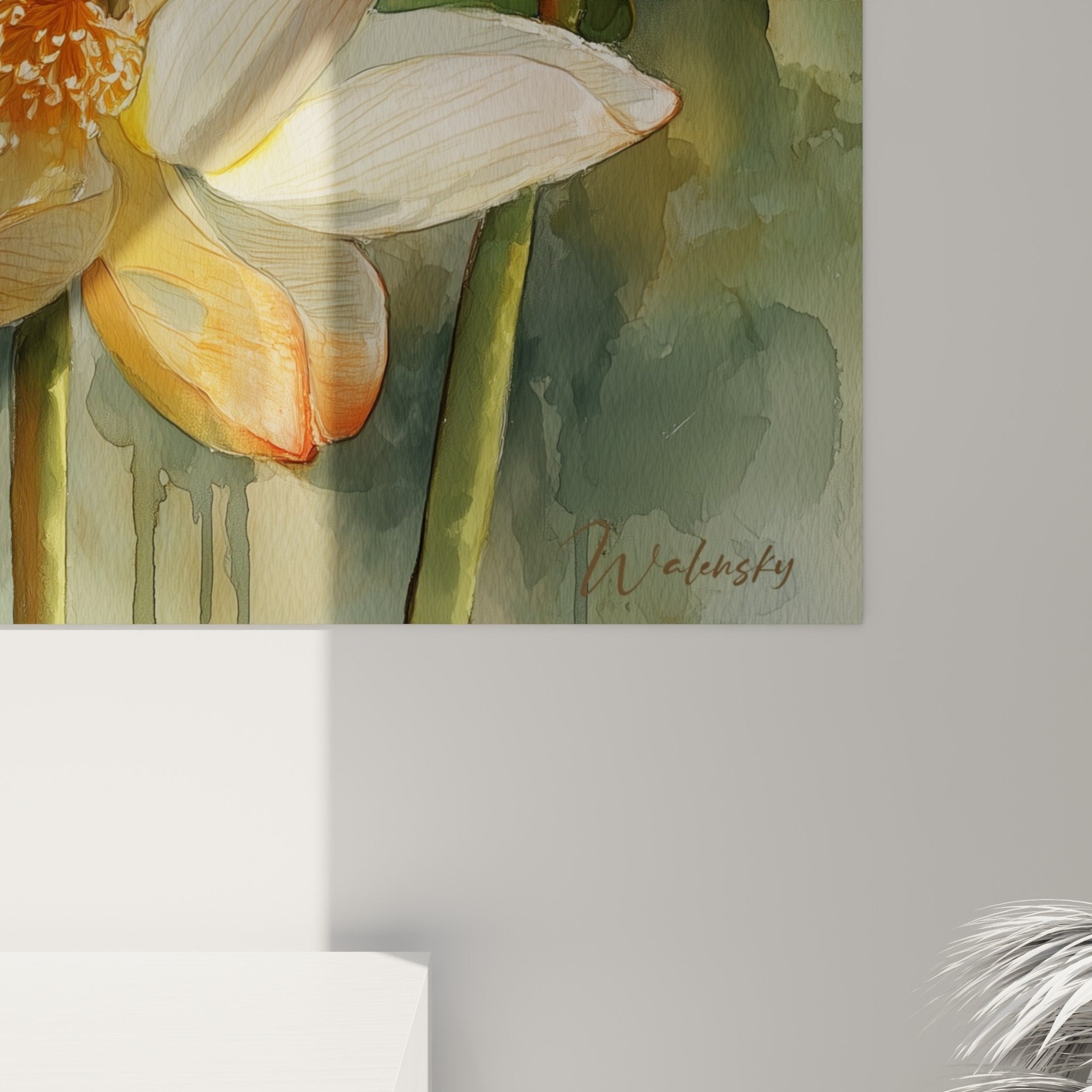 Vue d'ensemble tableau nénuphars aquatiques, composition florale zen fond turquoise et vert