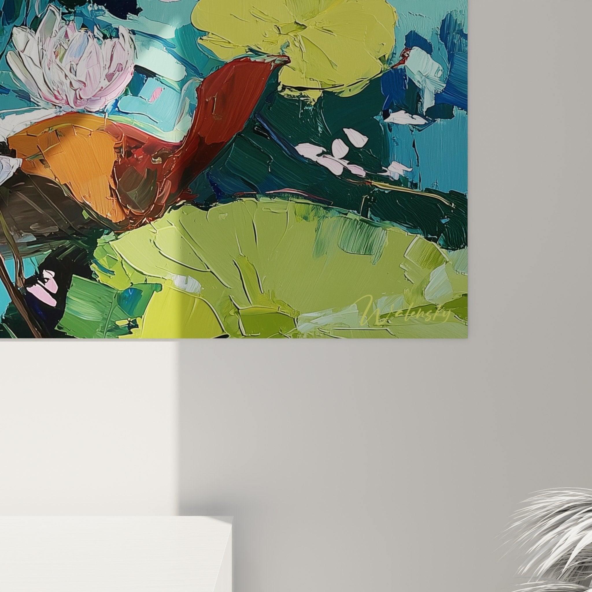 Vue ensemble tableau nénuphars eau turquoise feuilles vertes composition florale aquatique