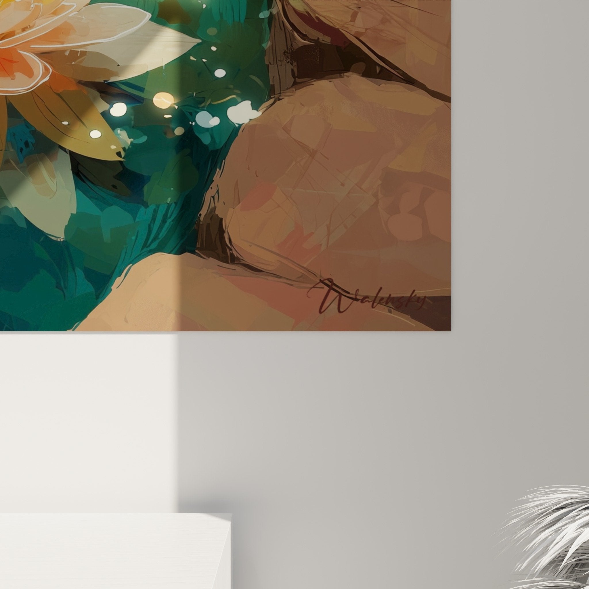Overview of water lilies painting orange on turquoise pond with jade leaves and ocher stones