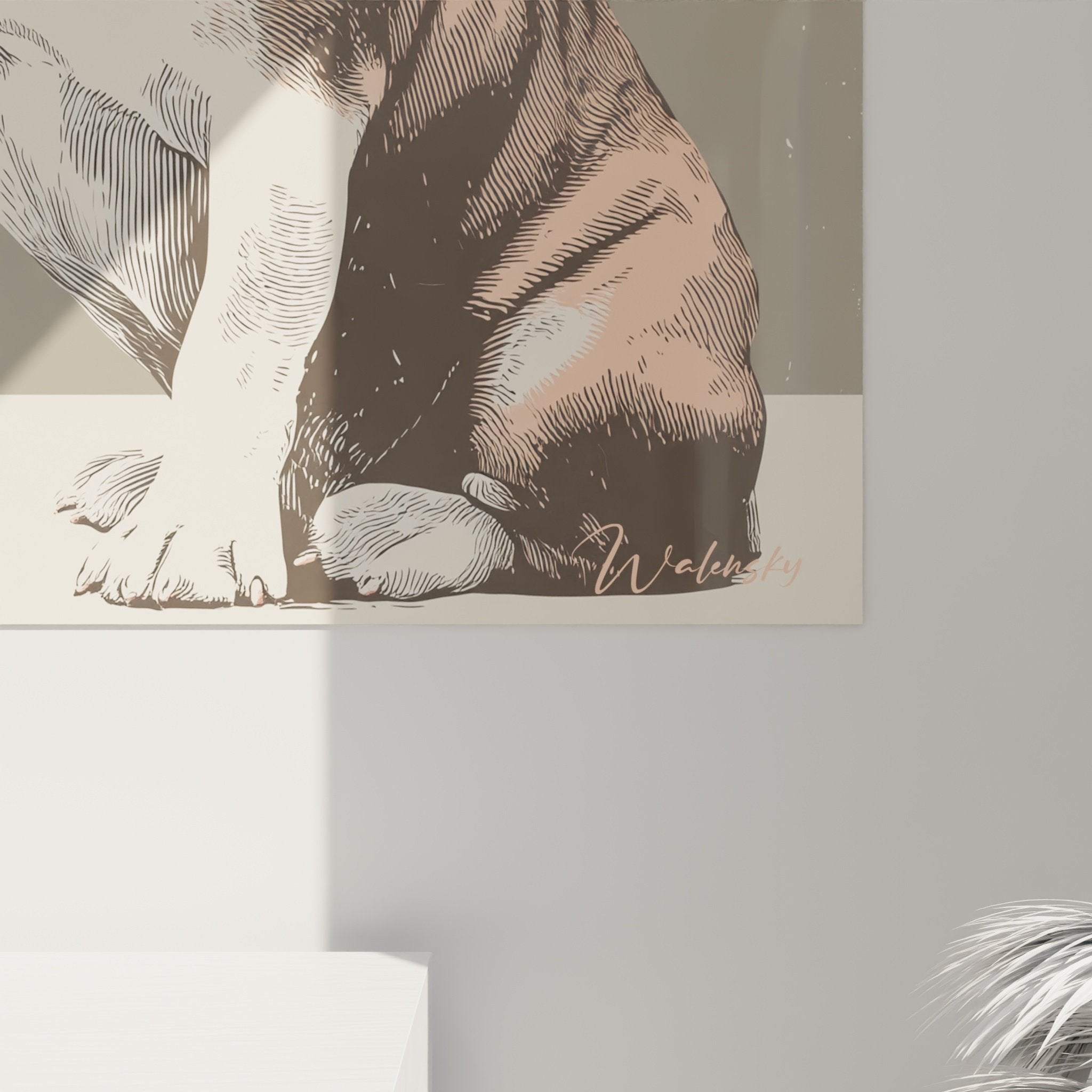 Übersicht Kunstwerk urbane Bulldogge in Korall- und Grautönen, ausgewogene zeitgenössische künstlerische Komposition