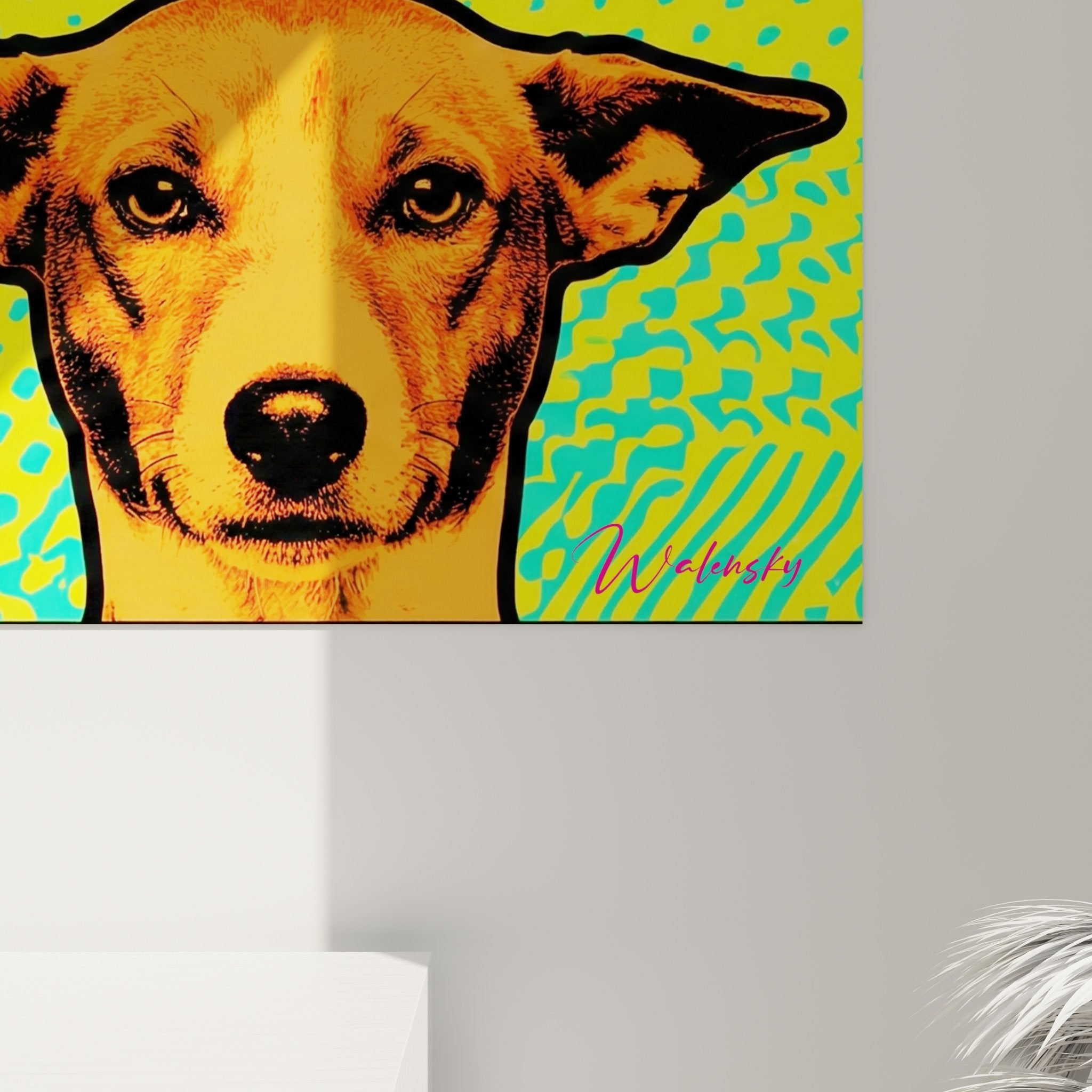 Gesamtansicht Wandkunstwerk vier Hunde zeitgenössischer Stil leuchtende Farben