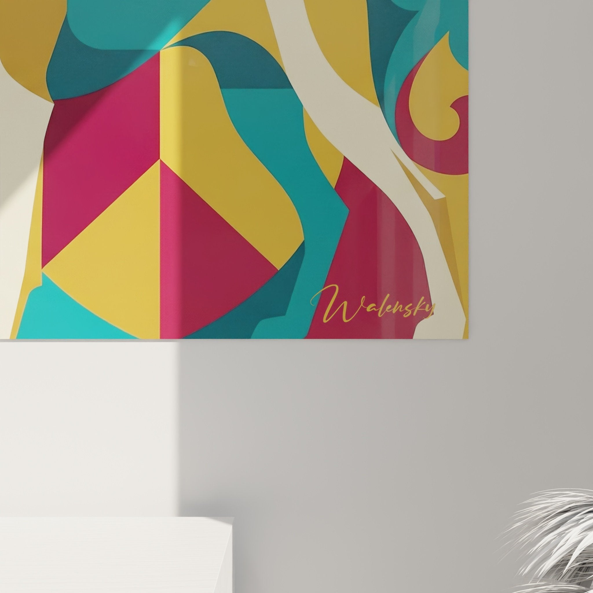 Übersicht Wandkunstwerk stilisierte Hunde farbenfrohe geometrische Palette Rot Türkis Creme Ambiente
