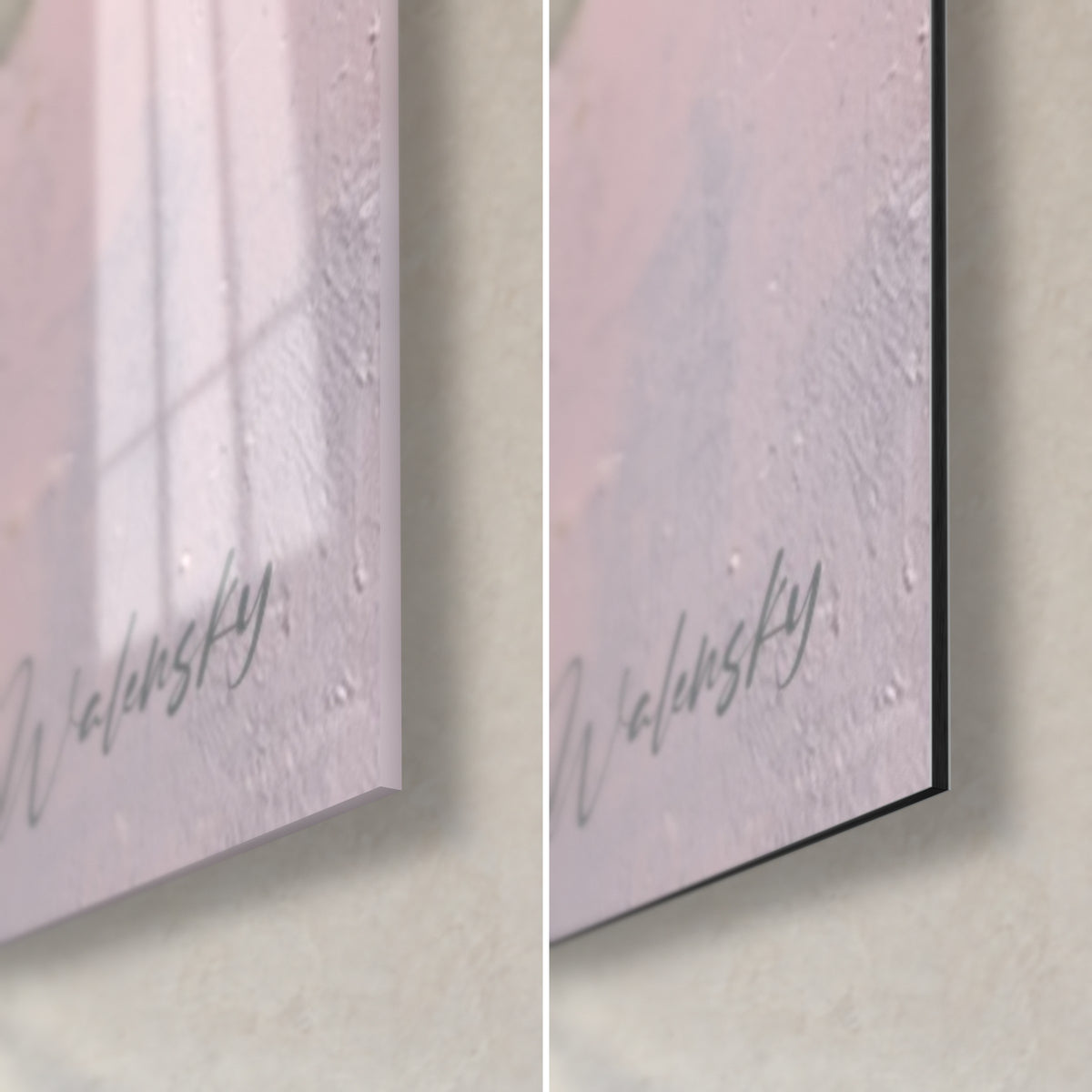 Gemälde abstrakt in Rosa und Gold, untere rechte Ecke: glänzendes Acrylglas mit Reflexen auf mattem Dibond, 3 mm Kante
