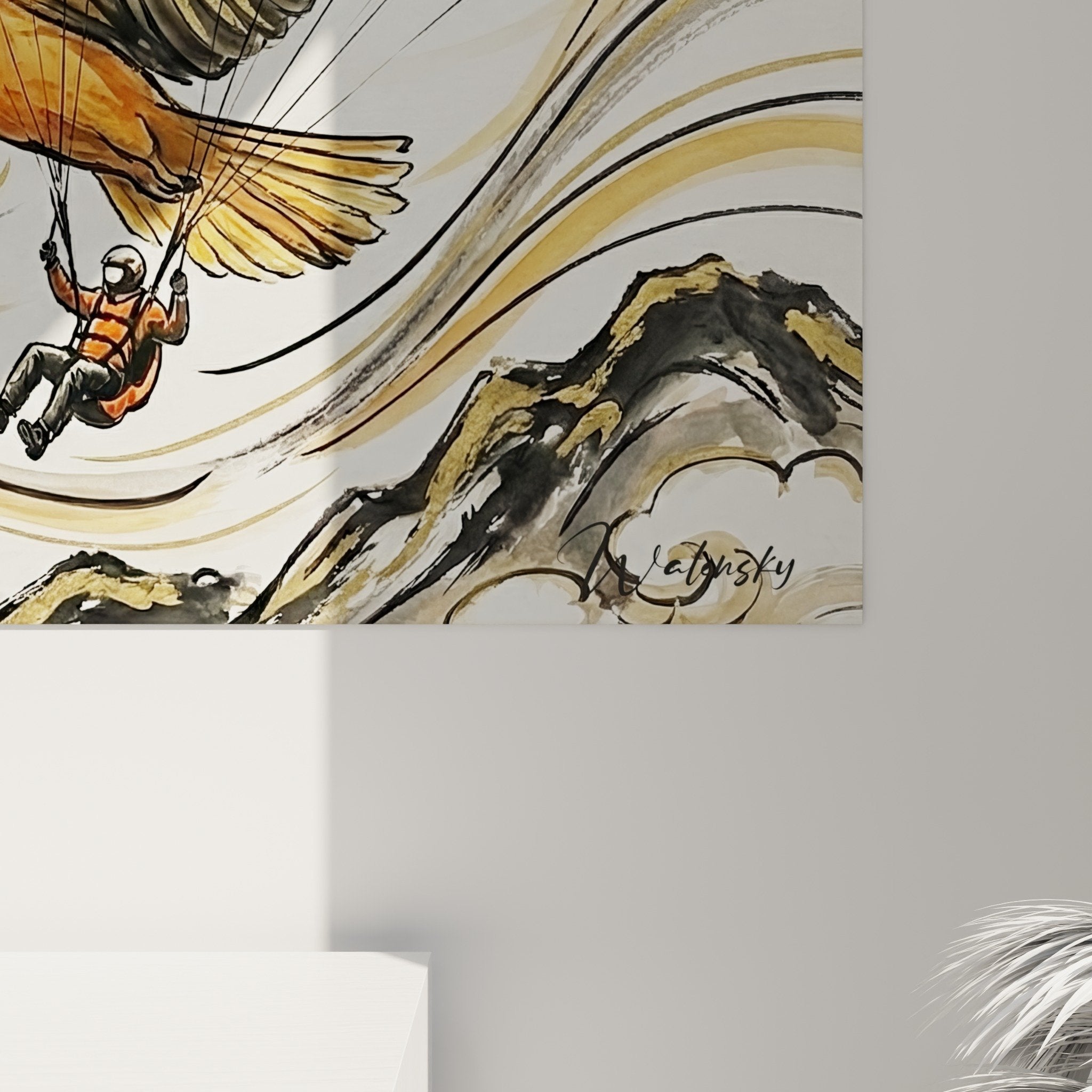 Gesamtansicht Wandkunstwerk Gleitschirmflieger Adler goldene Palette Wohnzimmer Dekoration natürlicher Stil