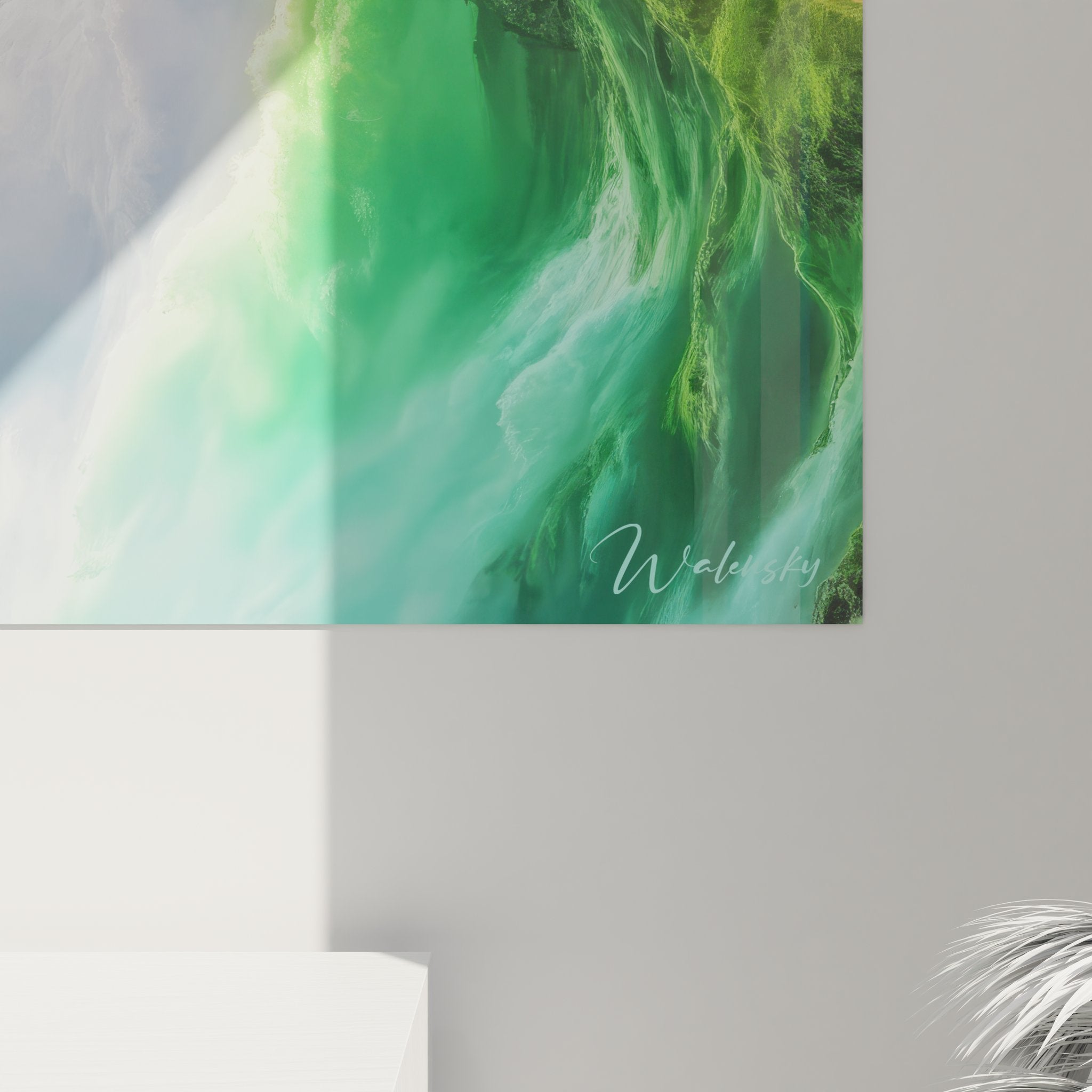 Vue d'ensemble tableau paysage cascade abstraite avec effets lumineux colorés sur toile grand format