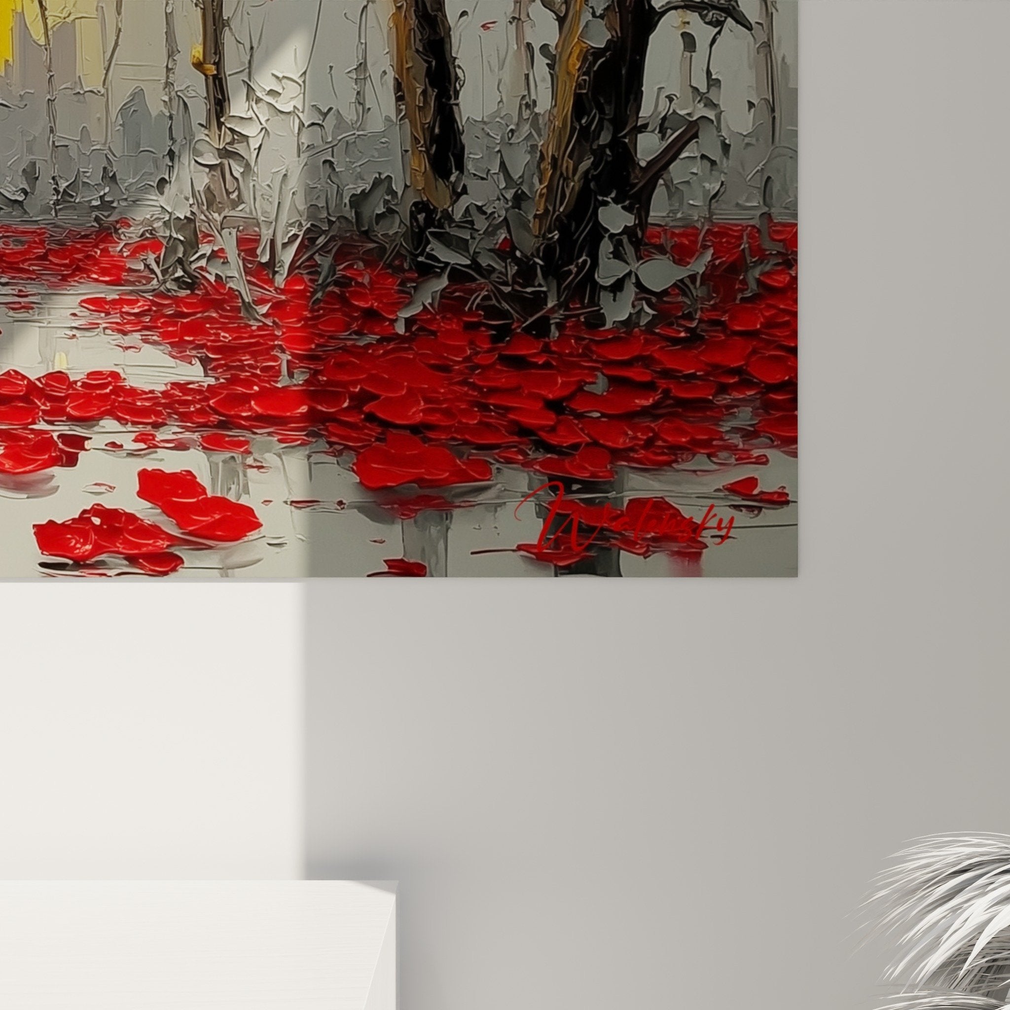 Vue ensemble tableau paysage automnal coquelicots urbain brume doree composition artistique