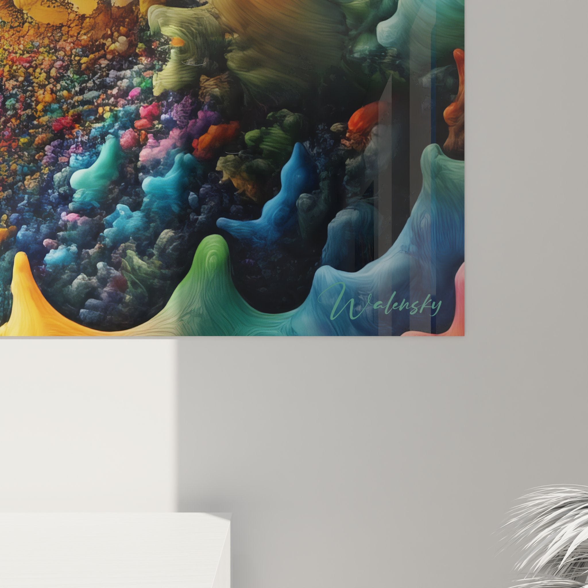 Vue d'ensemble tableau paysage surréaliste cosmique avec formations nuageuses colorées - art abstrait