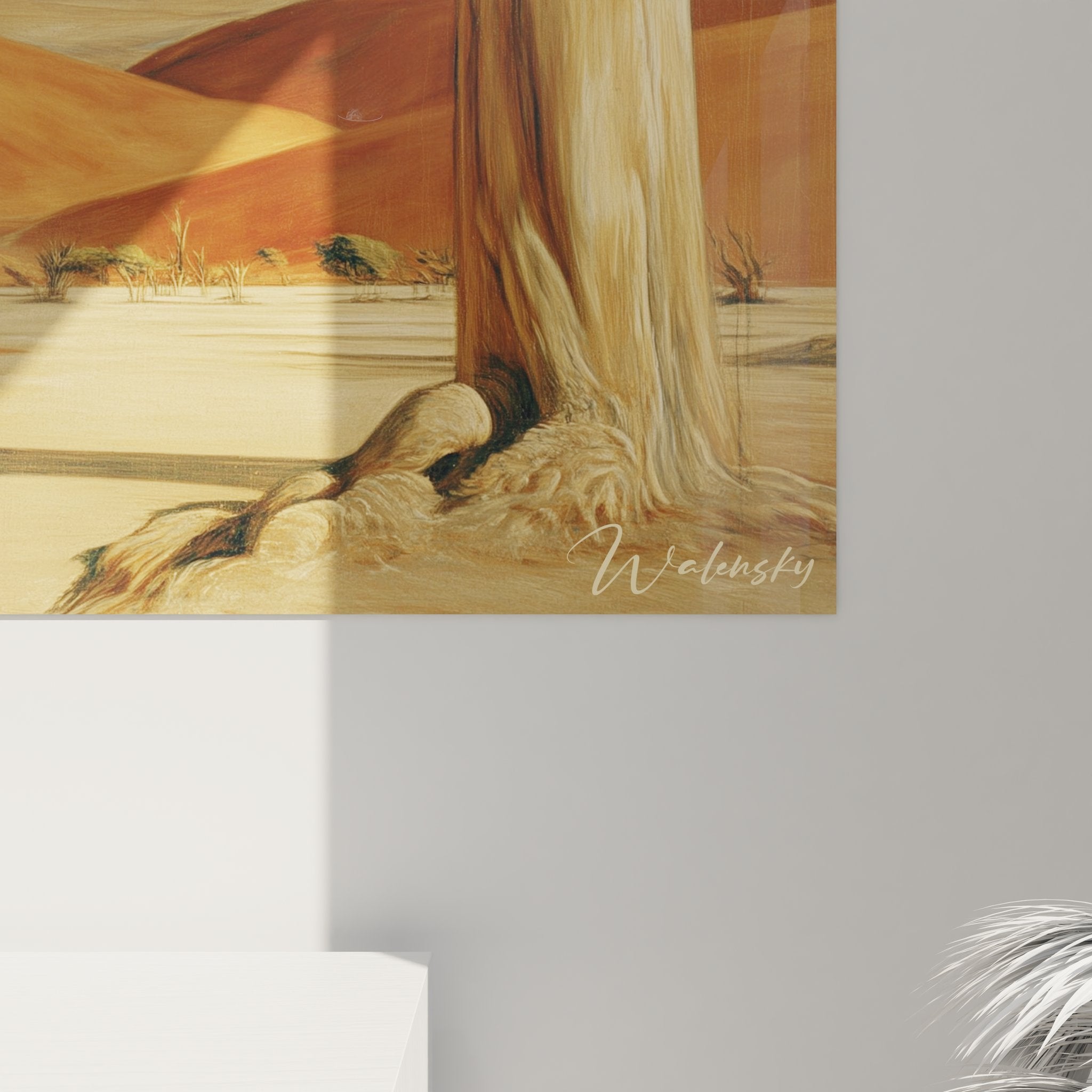 Vue ensemble tableau paysage désert, arbres squelettiques et montagnes arides, art mural nature