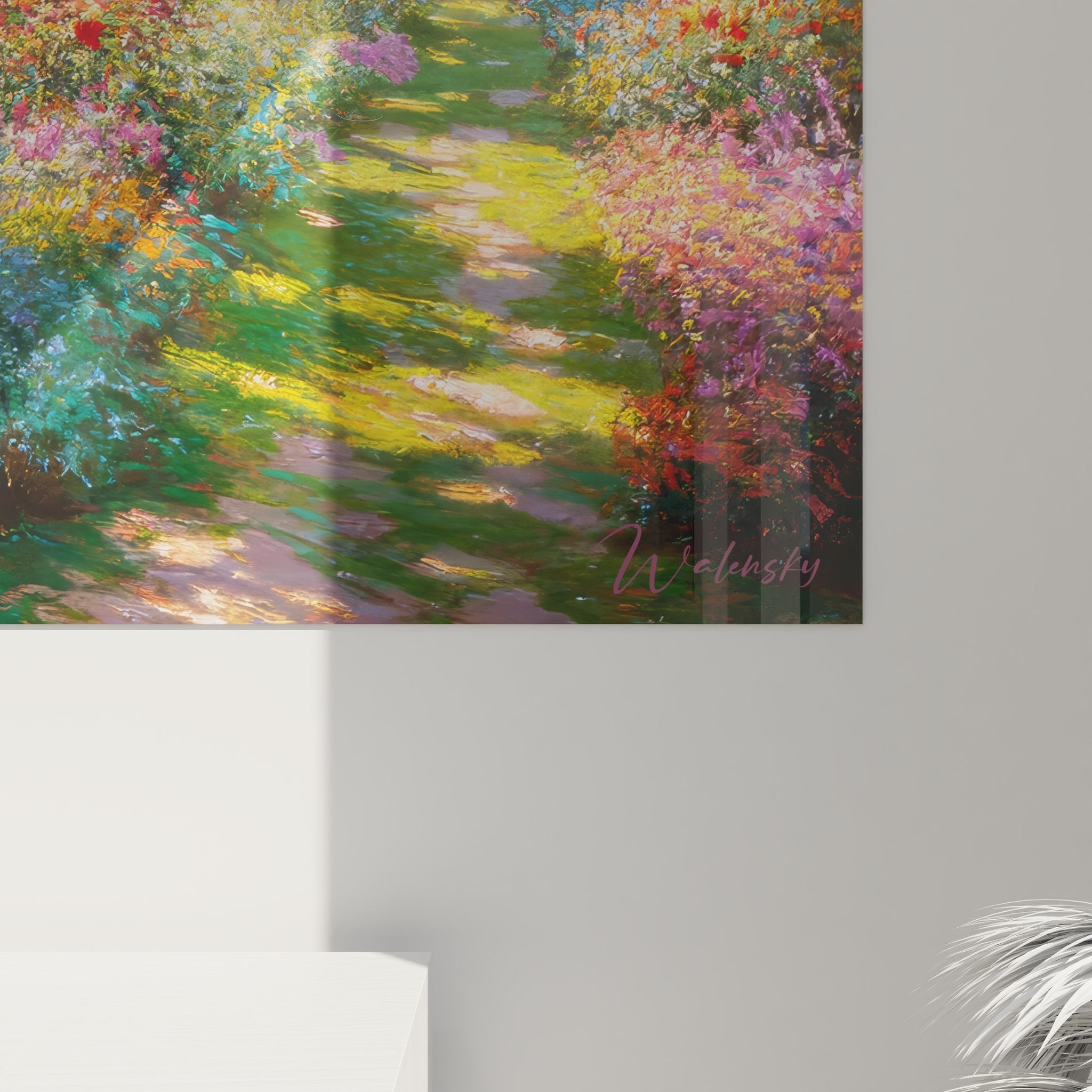 vue ensemble tableau paysage jardin avec étang saules pleureurs et parterres fleuris décoration murale nature