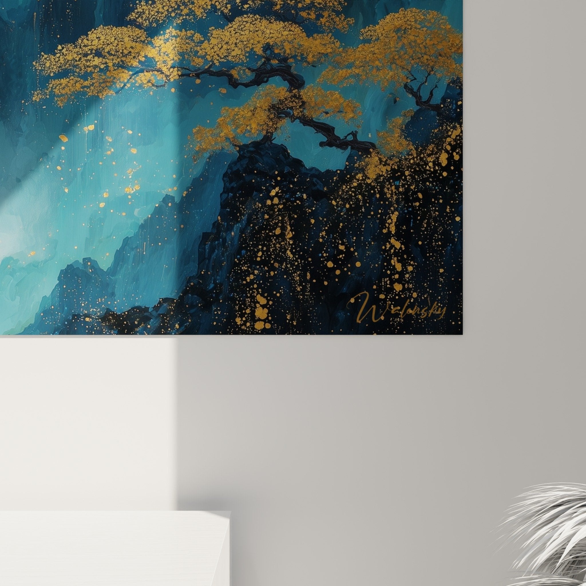 Overview of mountainous landscape painting blue and gold with central waterfall feng shui wall decoration
