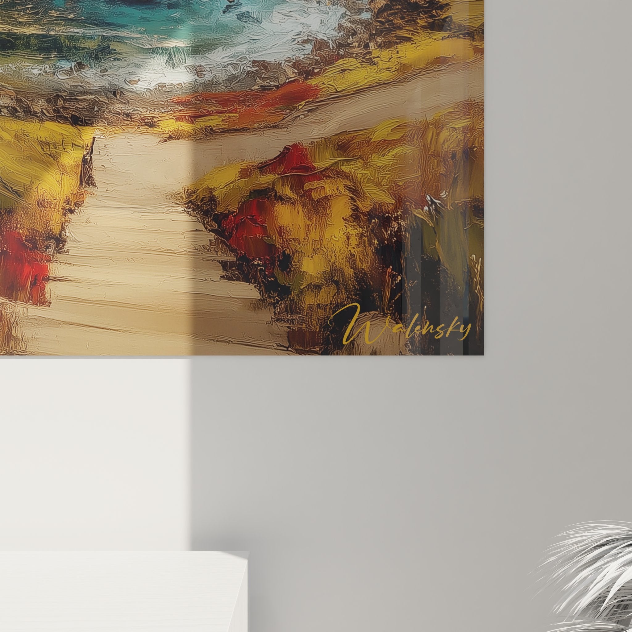 Vue ensemble tableau mural paysage fjord norvégien avec tourbillon atmosphérique doré