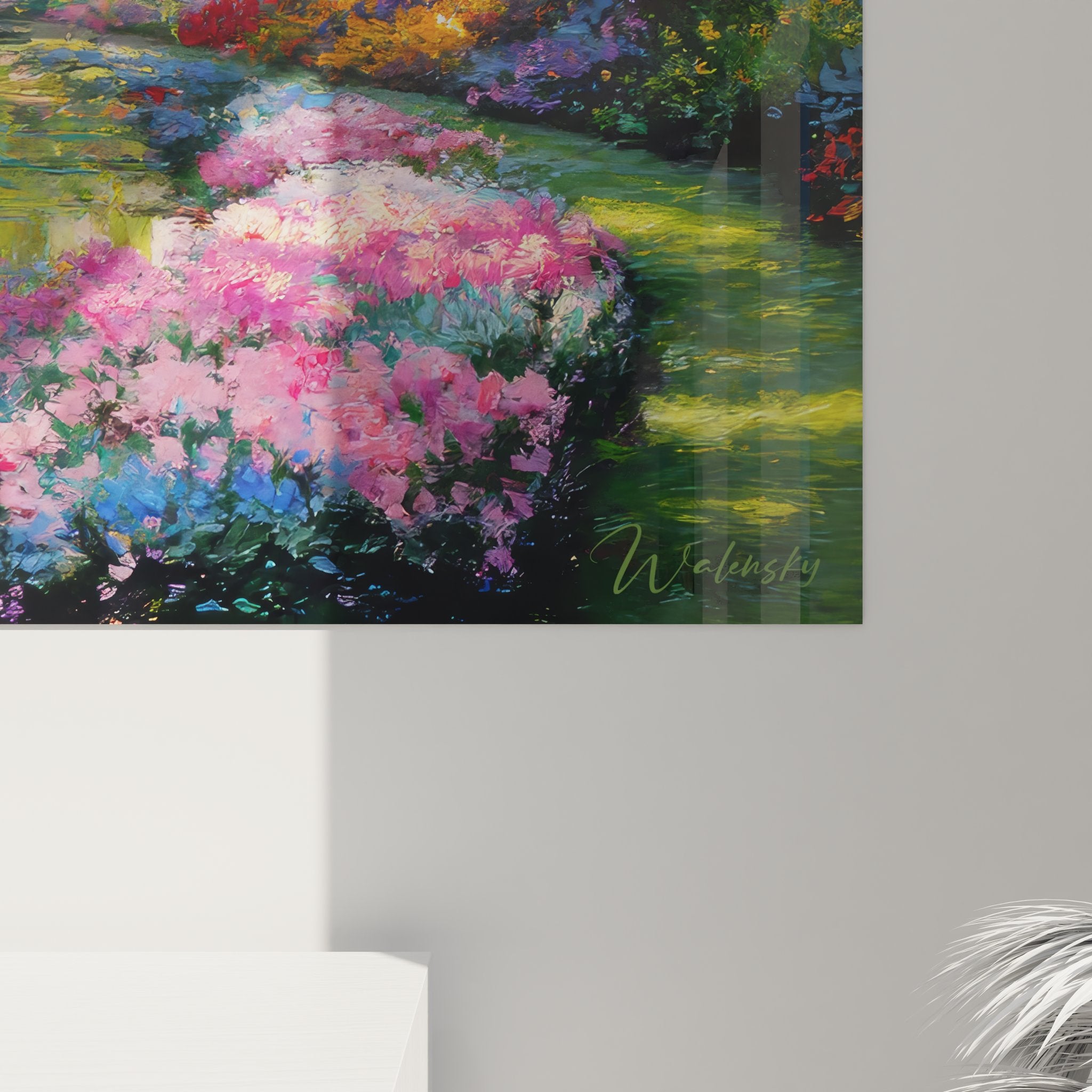 Vue ensemble tableau paysage jardin saules pleureurs bassin fleurs multicolores nature