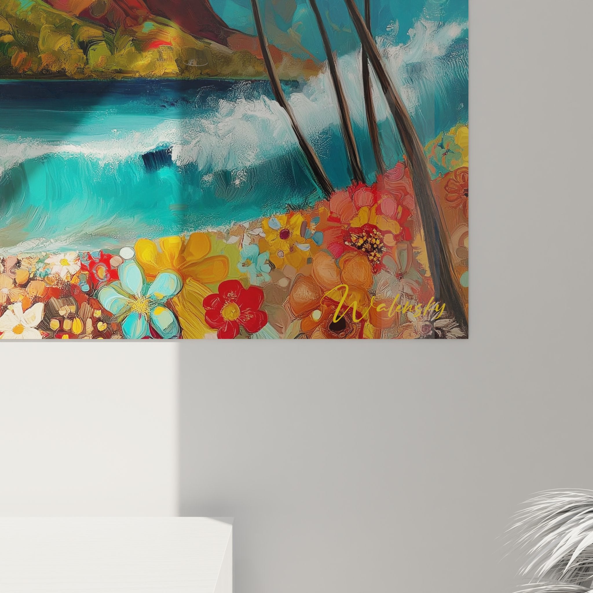 Vue ensemble tableau paysage tropical avec soleil radieux, montagnes volcaniques et plage paradisiaque