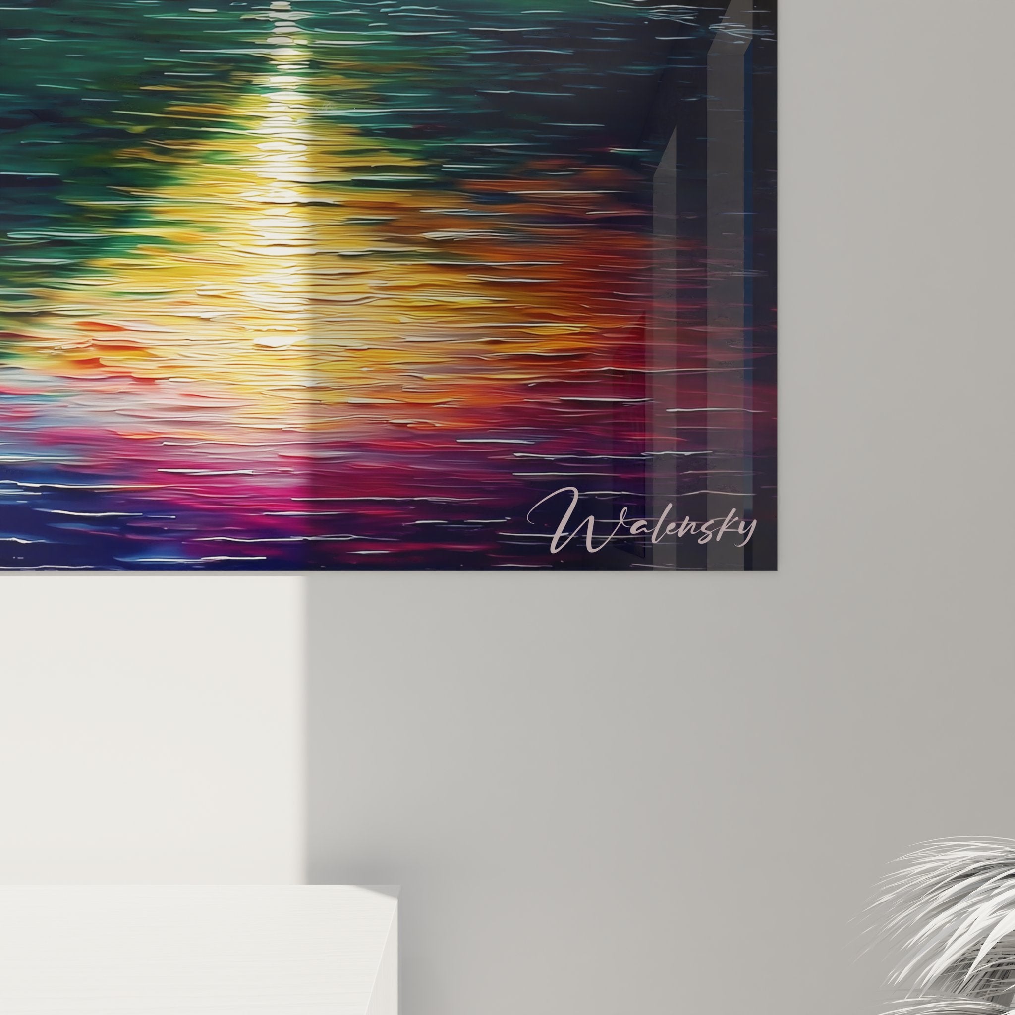 Vue ensemble tableau cascade nature avec reflets dorés et végétation luxuriante