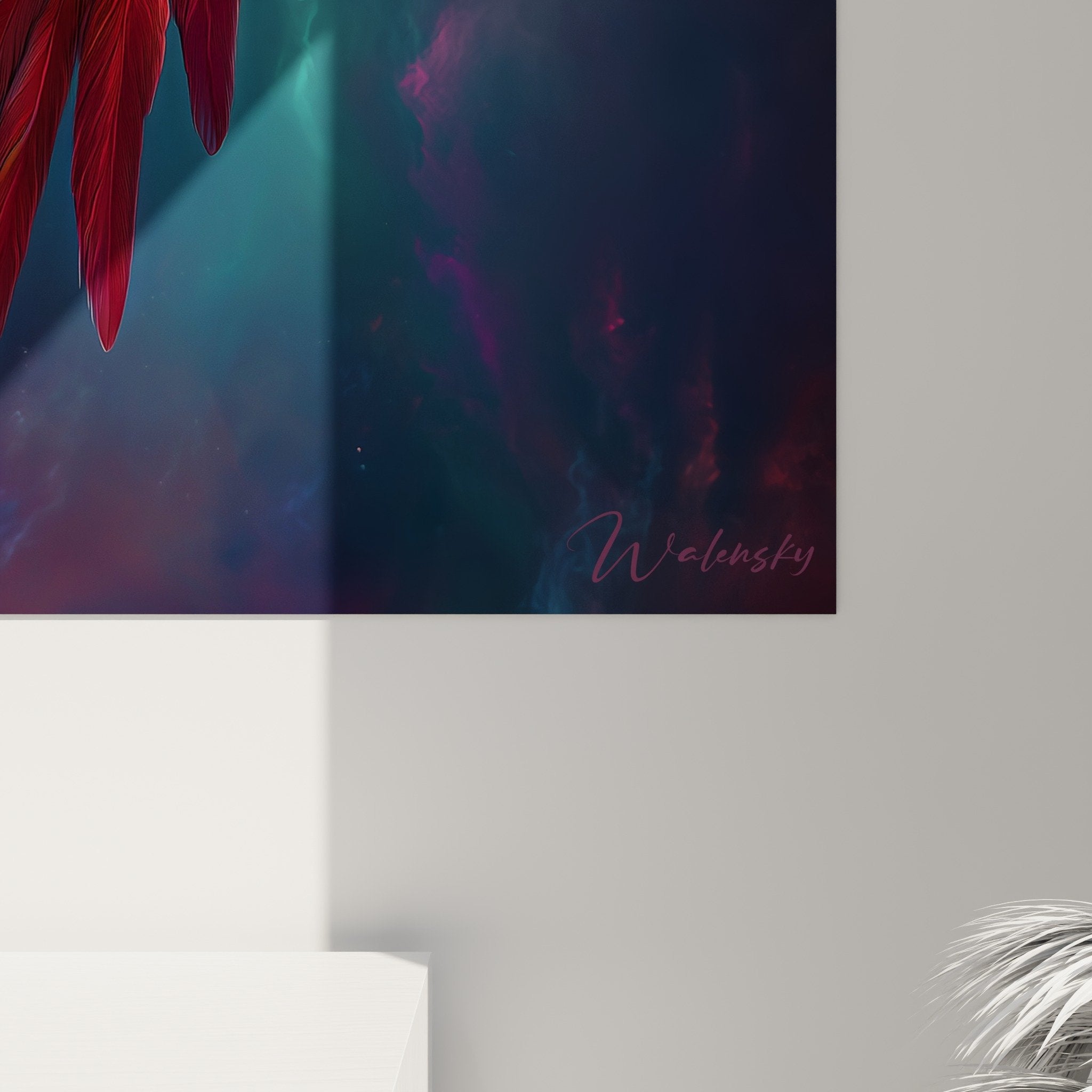 Overview of red tropical parrot wall art in exotic chic decorated interior