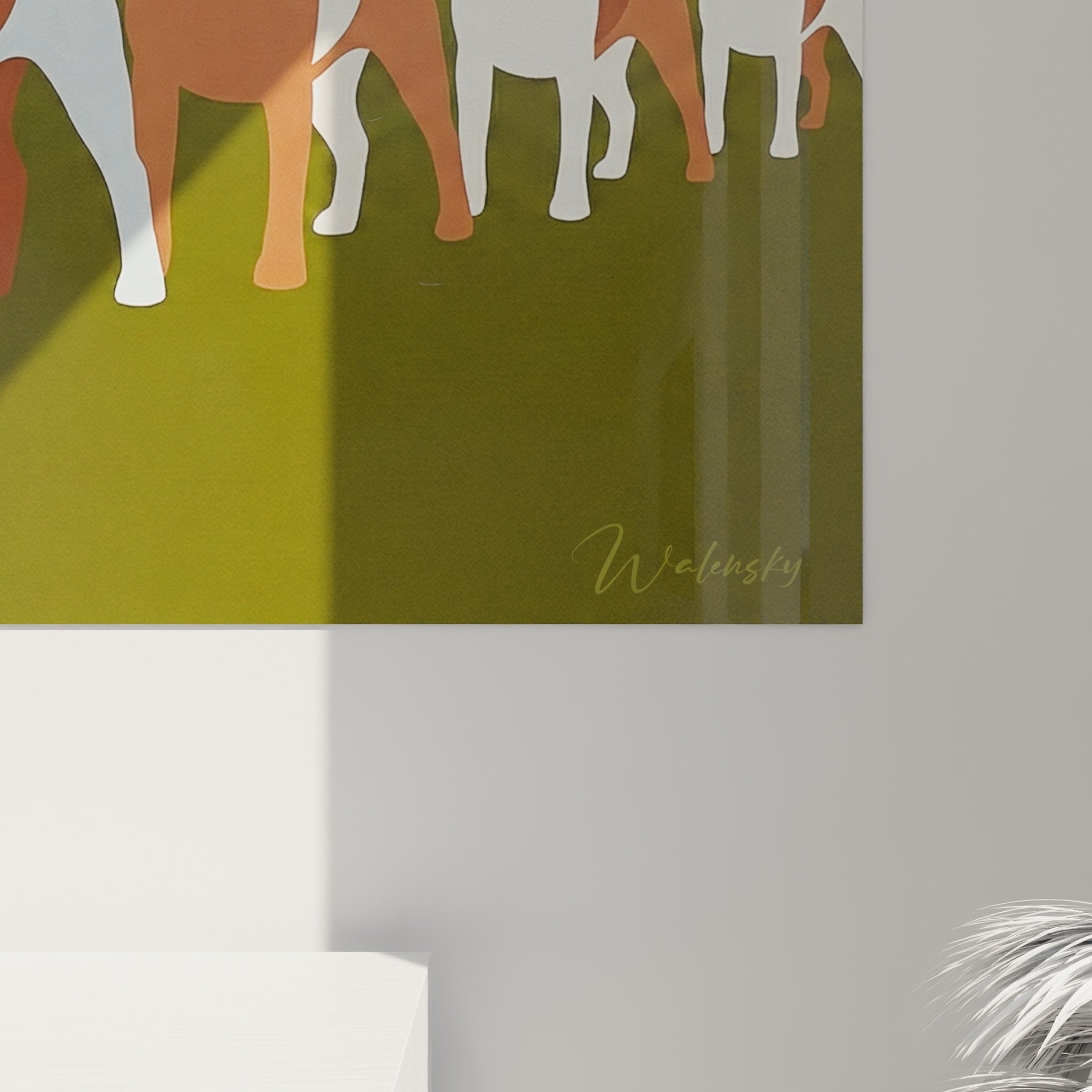 Vue d'ensemble tableau perspective Jack Russel Terriers, composition moderne six chiens alignés fond olive
