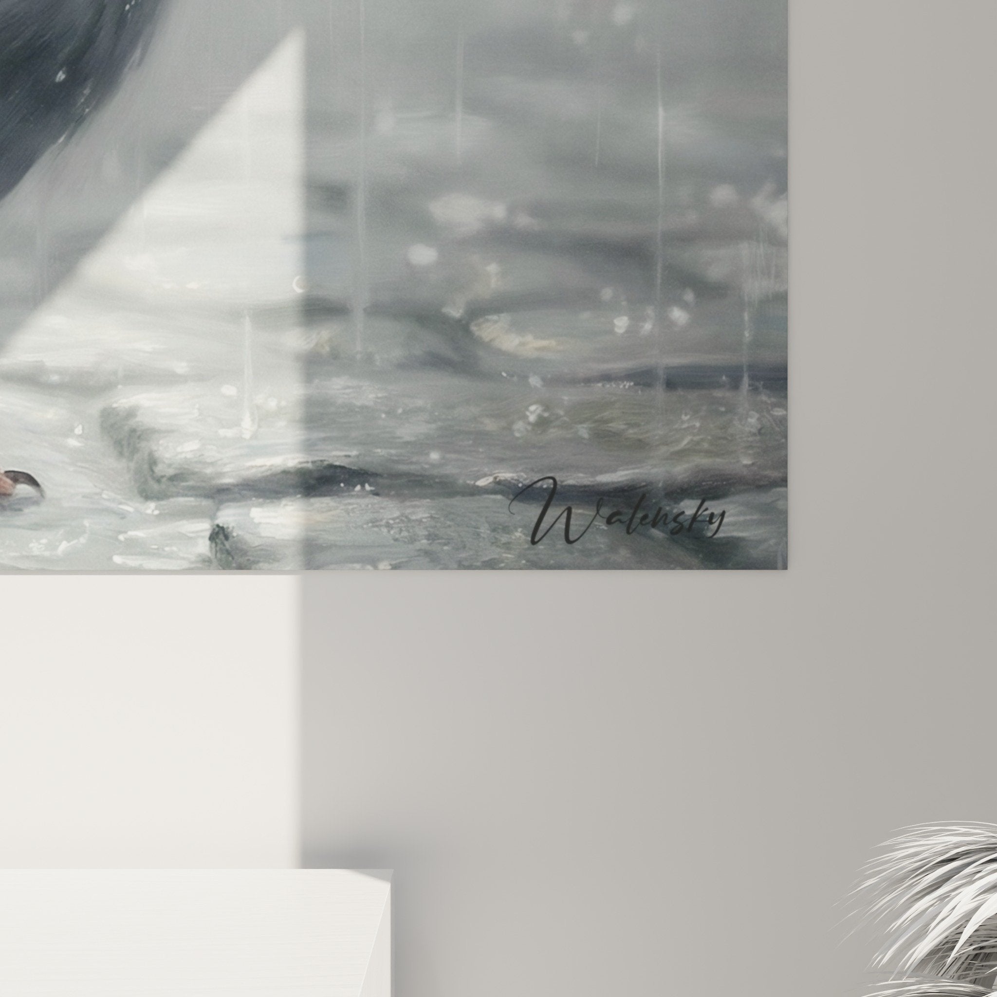 Übersichtsansicht Gemälde Taube Regen urbane Atmosphäre melancholische Stimmung Innenausstattung