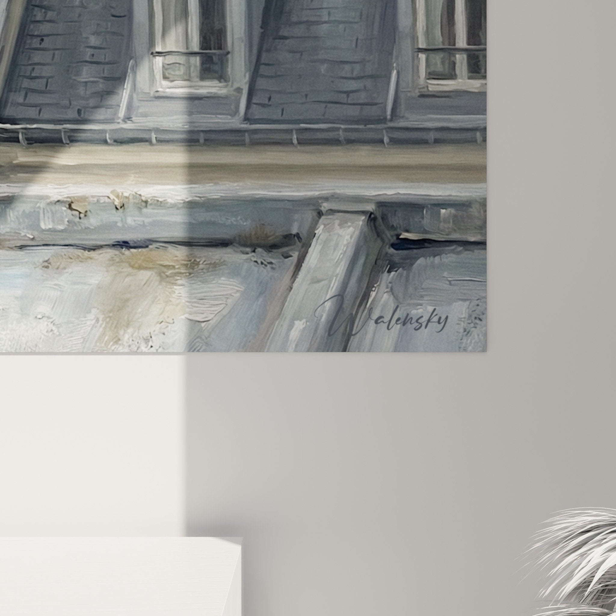 Vue d'ensemble tableau pigeon toits Paris salon contemporain décoration murale