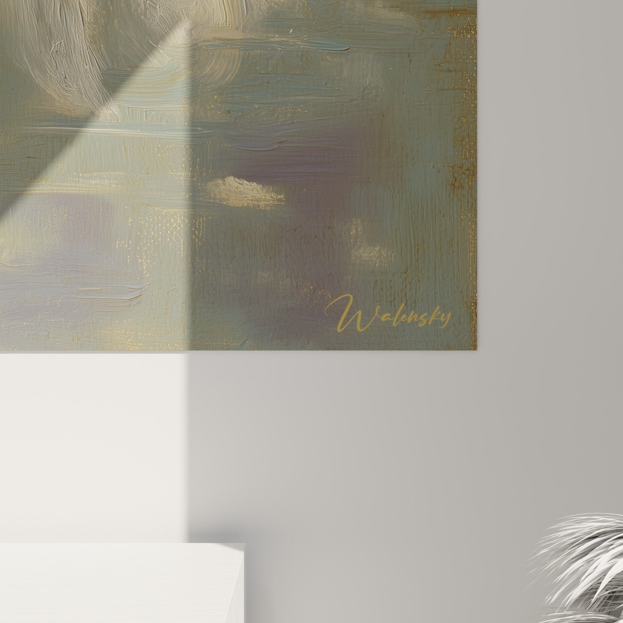 Overview white feather ethereal golden water reflections wall art decor