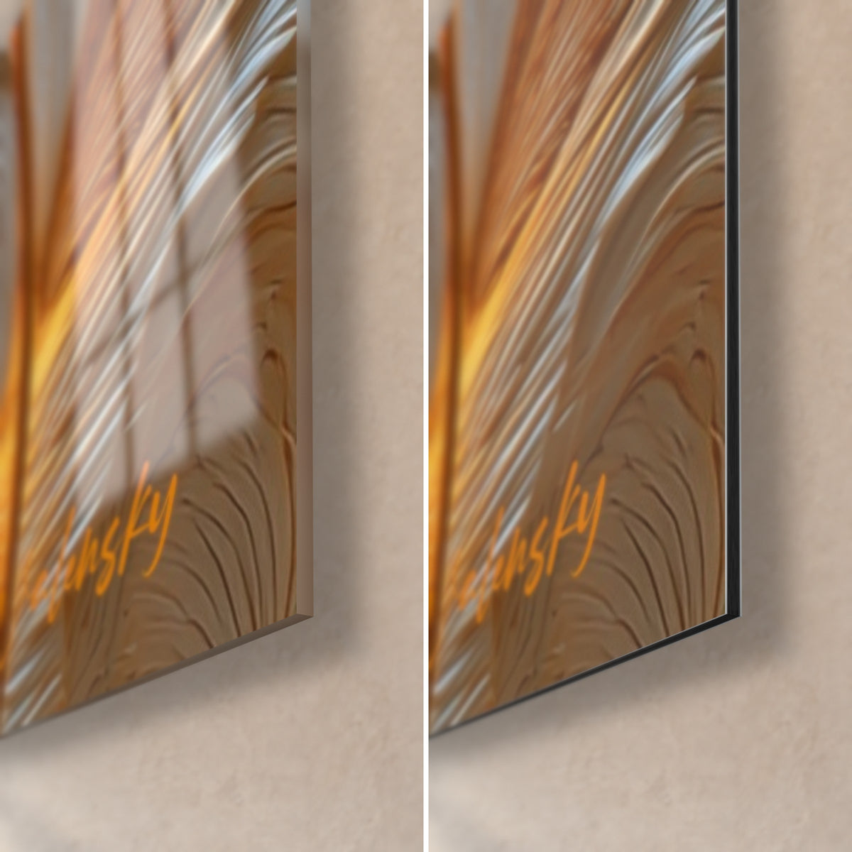 Gemälde beige und orangefarbene Federbarben, untere rechte Ecke aus glänzendem Acrylglas links und mattem Dibond-Alu rechts, 3 mm Kante