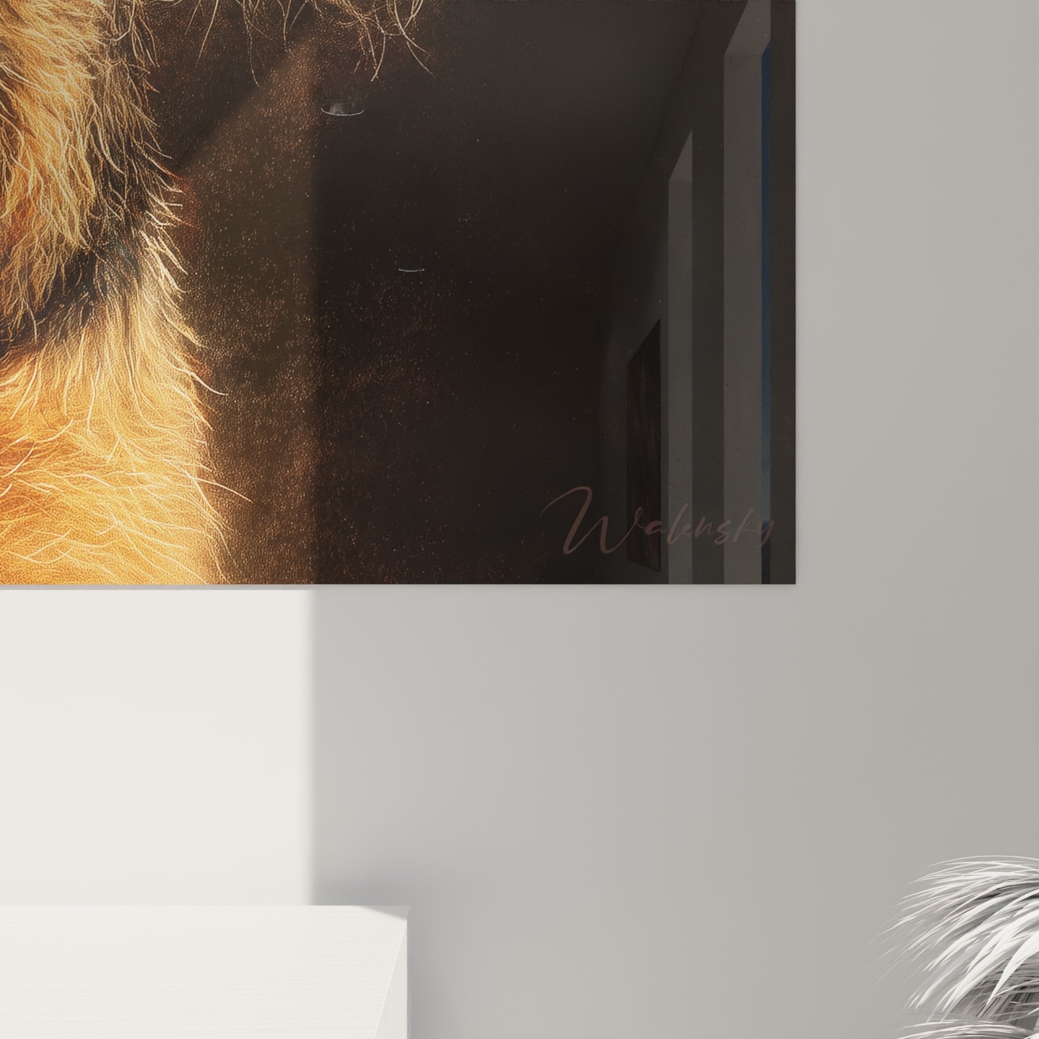 Vue ensemble tableau portrait Airedale Terrier, composition artistique tons chauds dores sur fond contraste