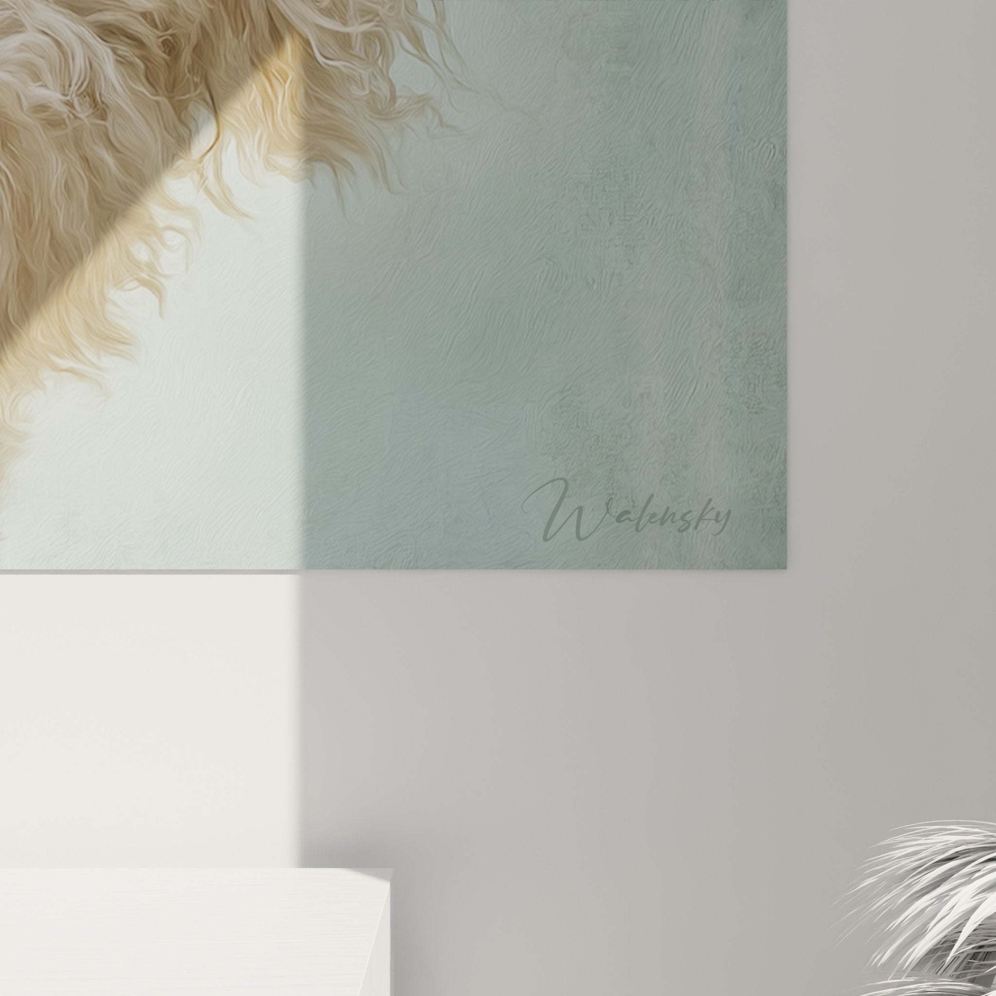 Übersichtsansicht Wandbild Bichon Frisé lächelnd, makelloses weißes Fell, beruhigender zartes blaues Hintergrund