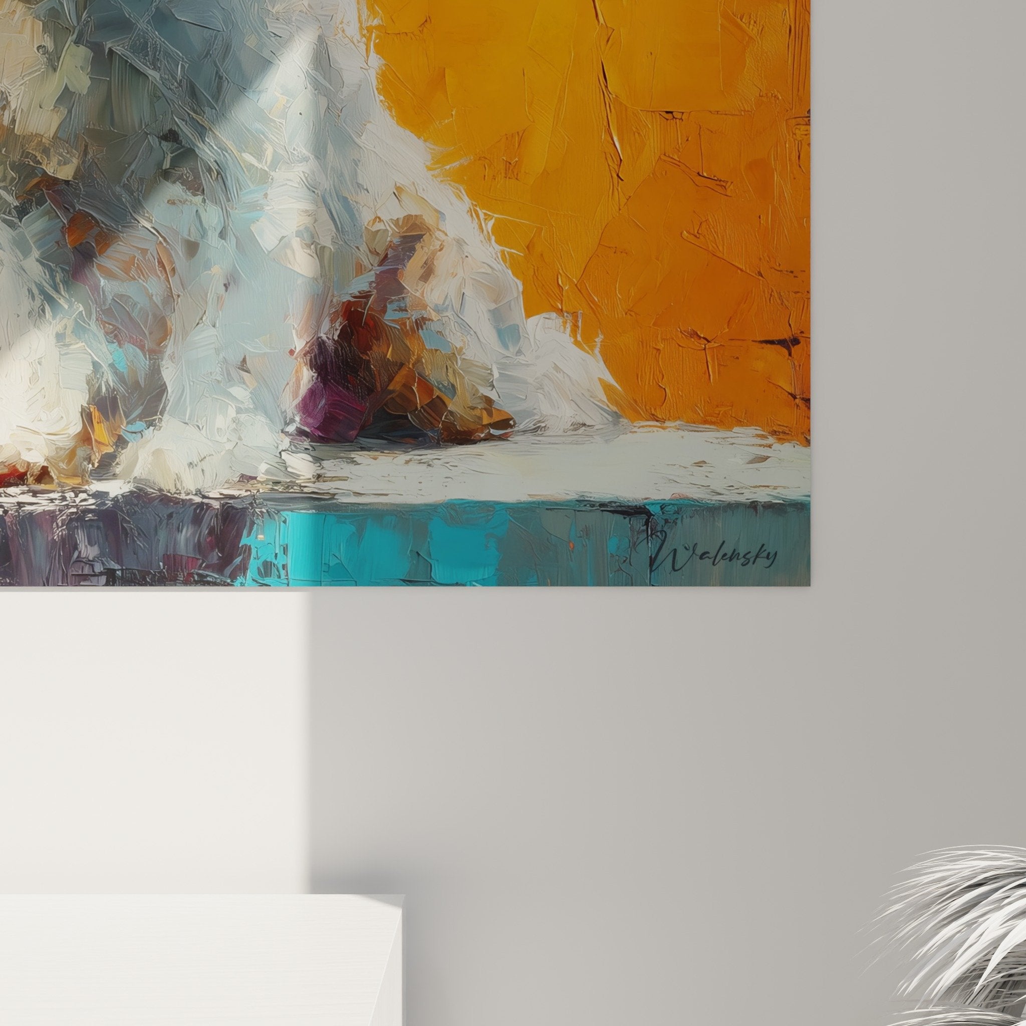 Vista generale ritratto Bichon Havanais stile contemporaneo colori vivaci turchese arancione